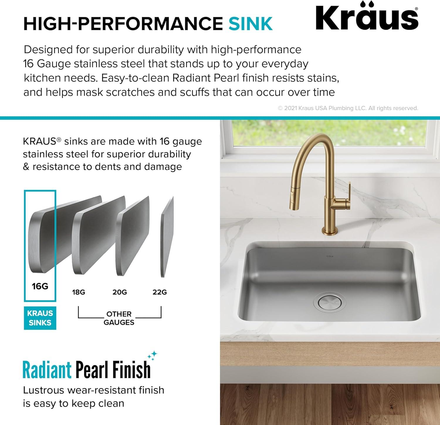 Dex™️ Series KRAUS 25" L Undermount 16 Gauge Stainless Steel Single Bowl ADA Kitchen Sink