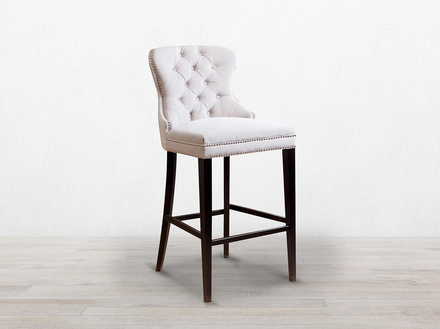Elegant Gray Velvet & Wood High Back Bar Stool with Silver Nailhead Trim