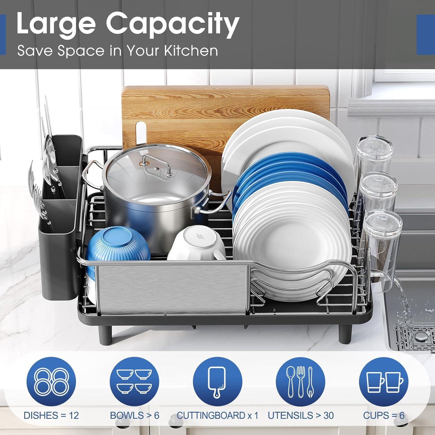 Large Black Stainless Steel Dish Drying Rack with Utensil Cup