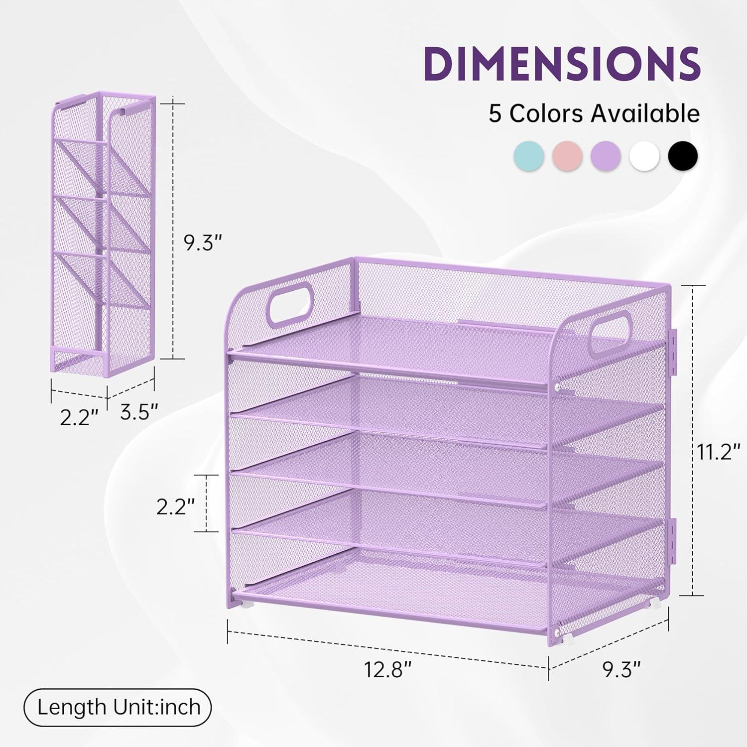 Marbrasse Paper Organizer Letter Tray, 5 Tier Mesh File Organizer with Handle, Paper Sorter Desk Organizer for Home Office Supplies - Purple