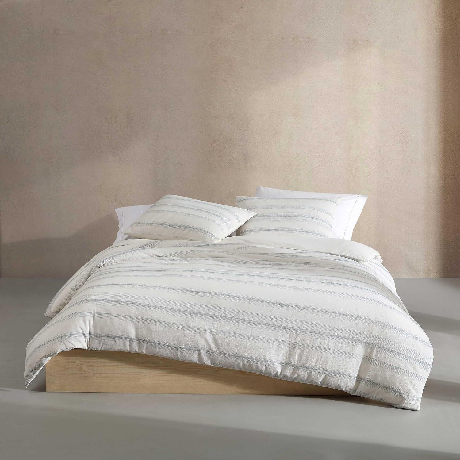 Queen Off-White Cotton Striped Duvet Cover Set