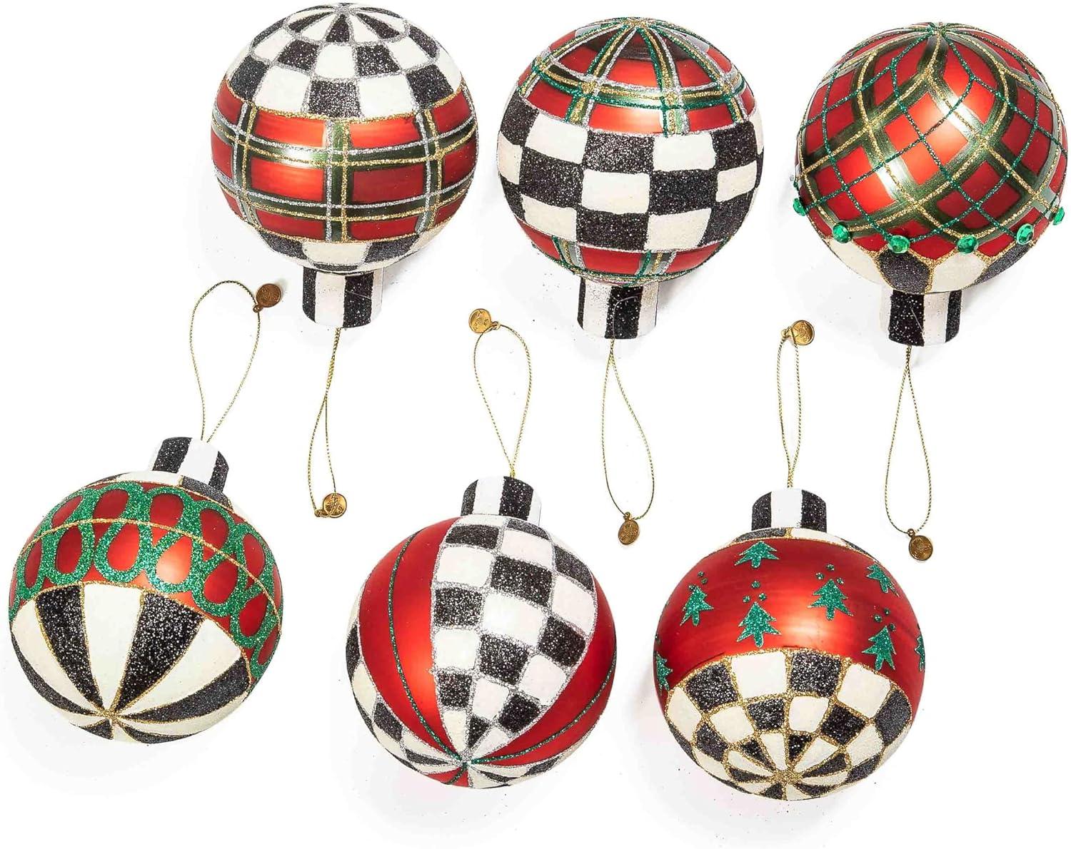 Large Tartan Red and Black Glass Ball Ornament Set