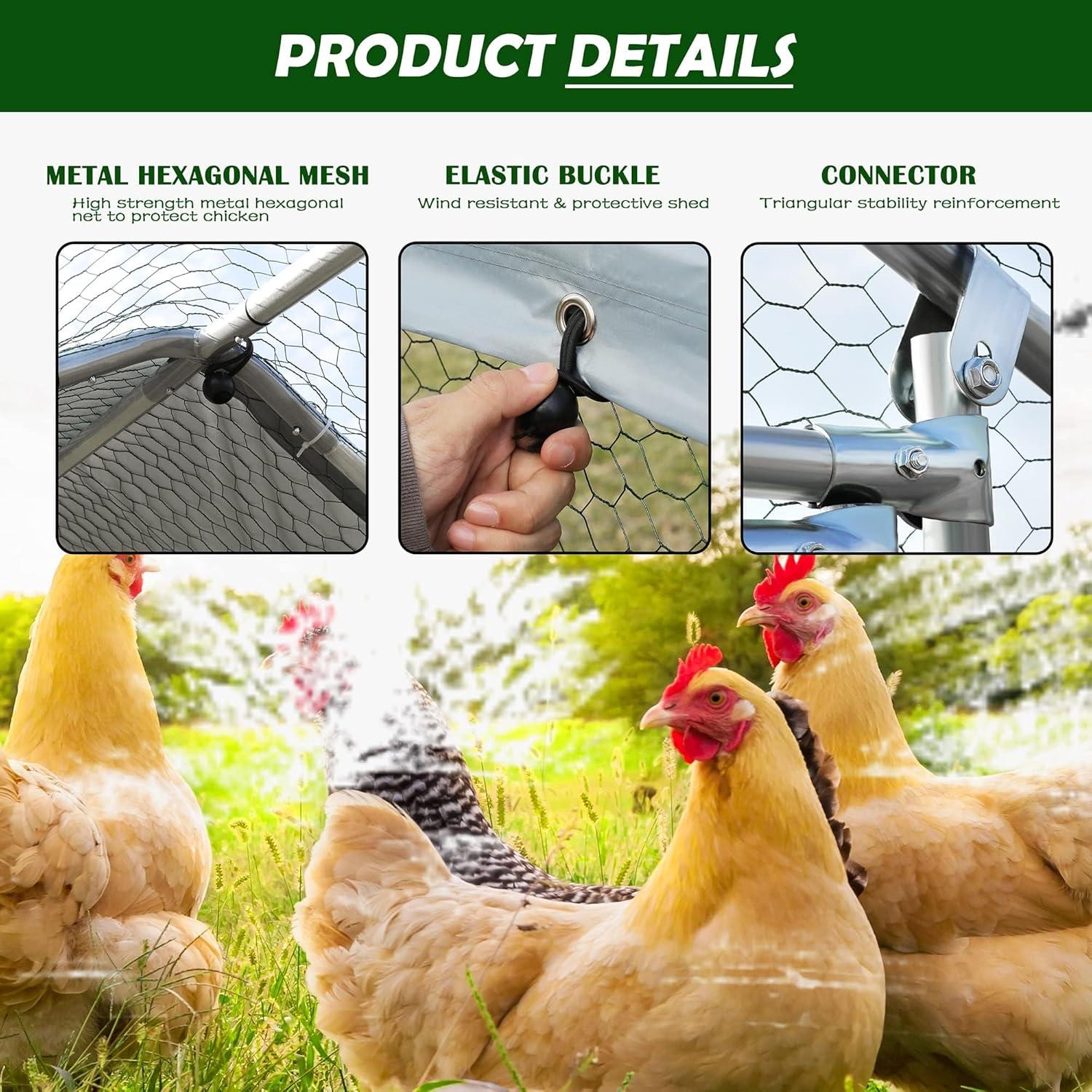 Tolead Large Metal Chicken Coop and Run with Tri-Supporting Wire Mesh, Silver Fits 20 Chickens, Ducks, Rabbits