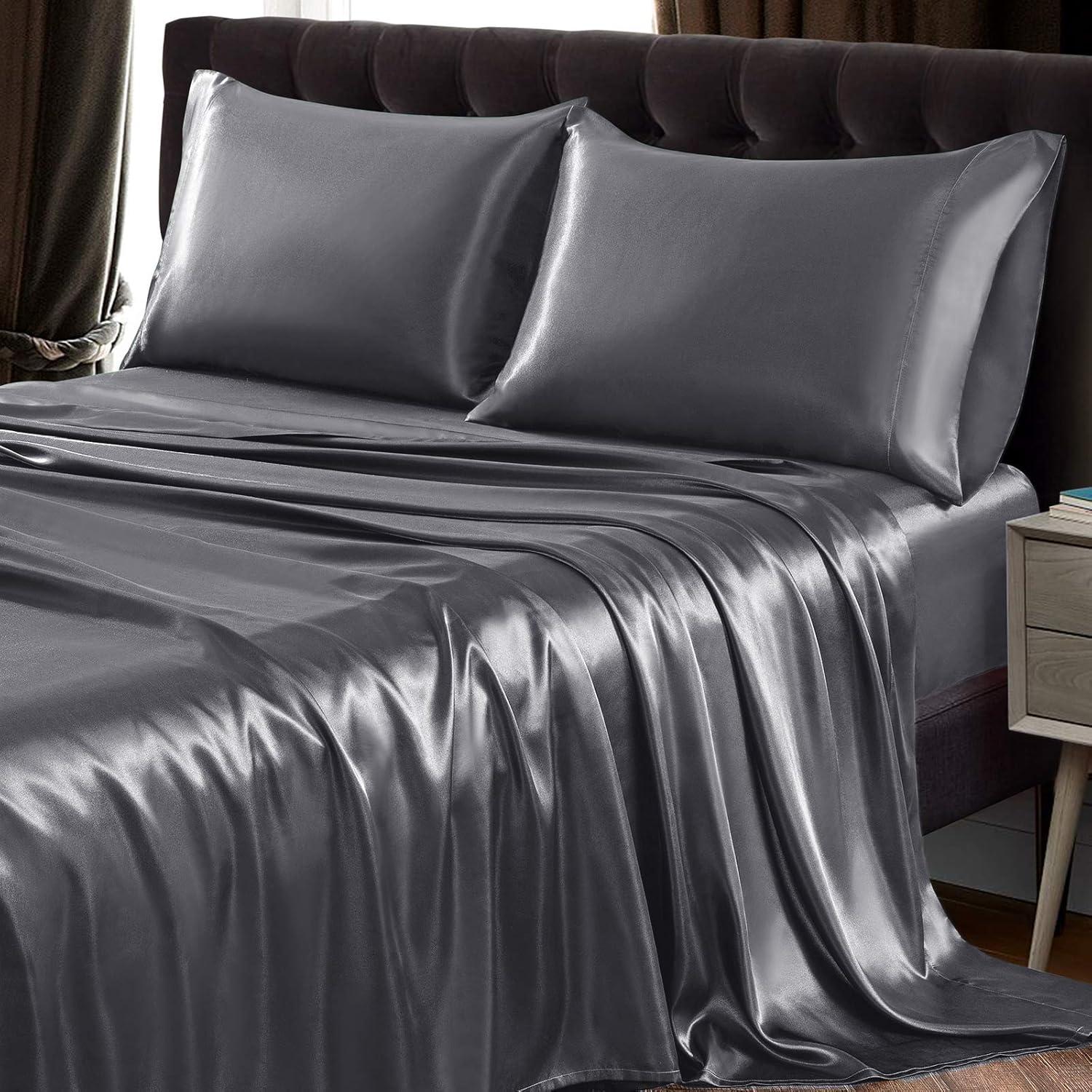 ANMINY Satin Sheets Queen Silk Sheets Gray Bed Sheet Set Deep Pocket Bed Flat Fitted Sheet, 4-Pieces