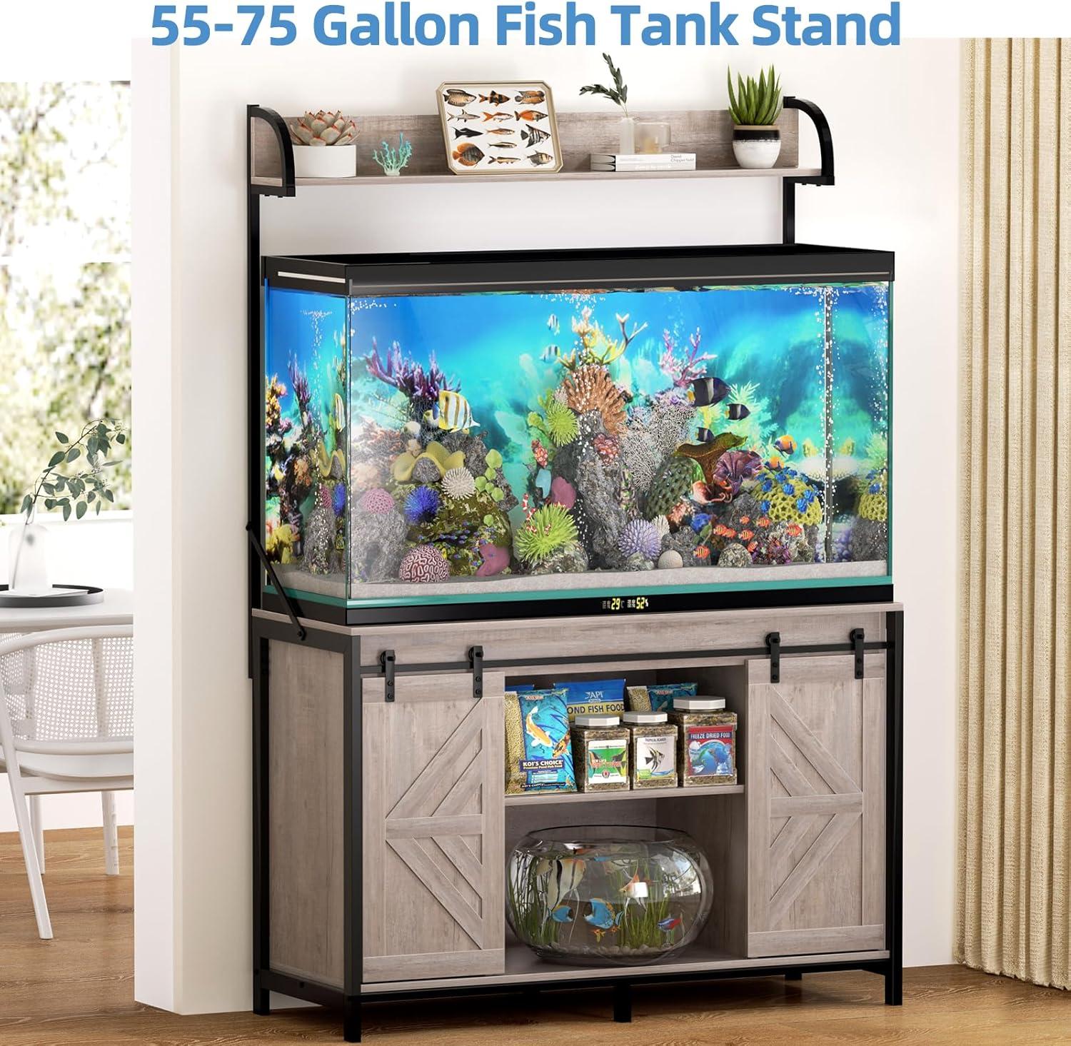iSunirm 55-75 Gallon Aquarium Stand with Shelf, Fish Tank Stand with Power Outlets and LED Lights, Heavy Duty Reversible Aquarium Stand with Cabinet, for Fishes and Reptiles, 49.2"L*18.9"W, Black Oak