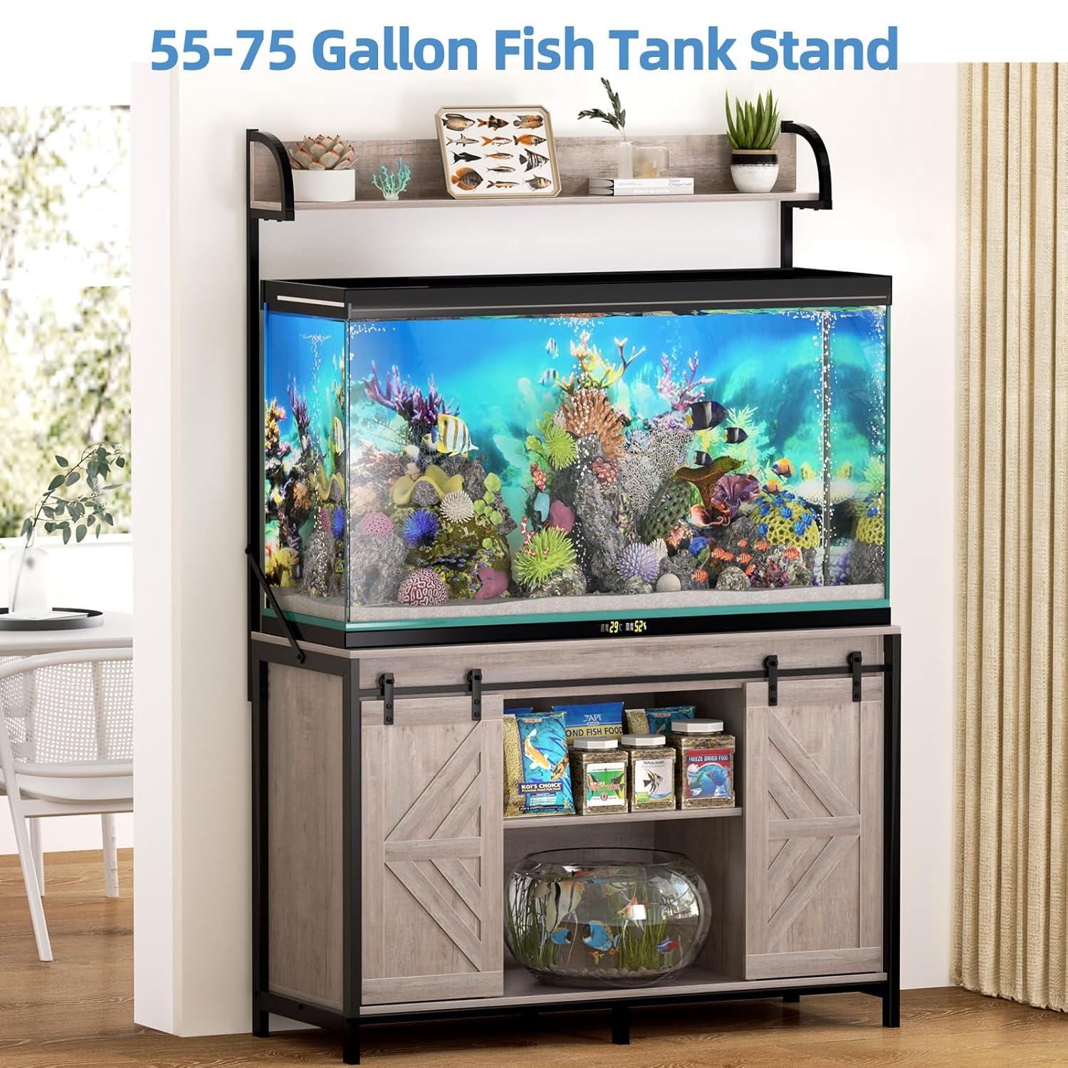 iSunirm 55-75 Gallon Aquarium Stand with Shelf, Fish Tank Stand with Power Outlets and LED Lights, Heavy Duty Reversible Aquarium Stand with Cabinet, for Fishes and Reptiles, 49.2"L*18.9"W, Black Oak