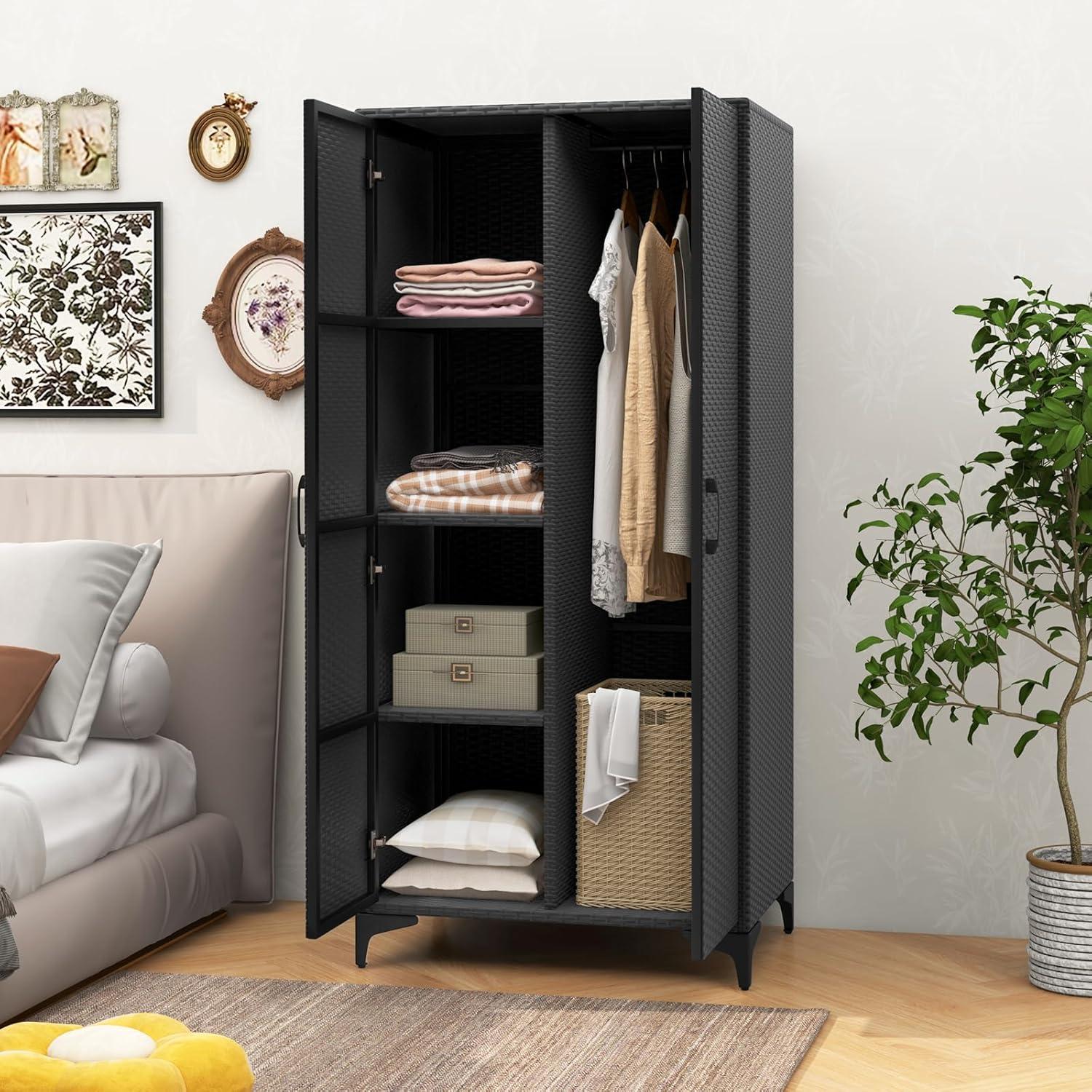 Black 62 Inch PE Rattan Wardrobe Closet with Metal Legs