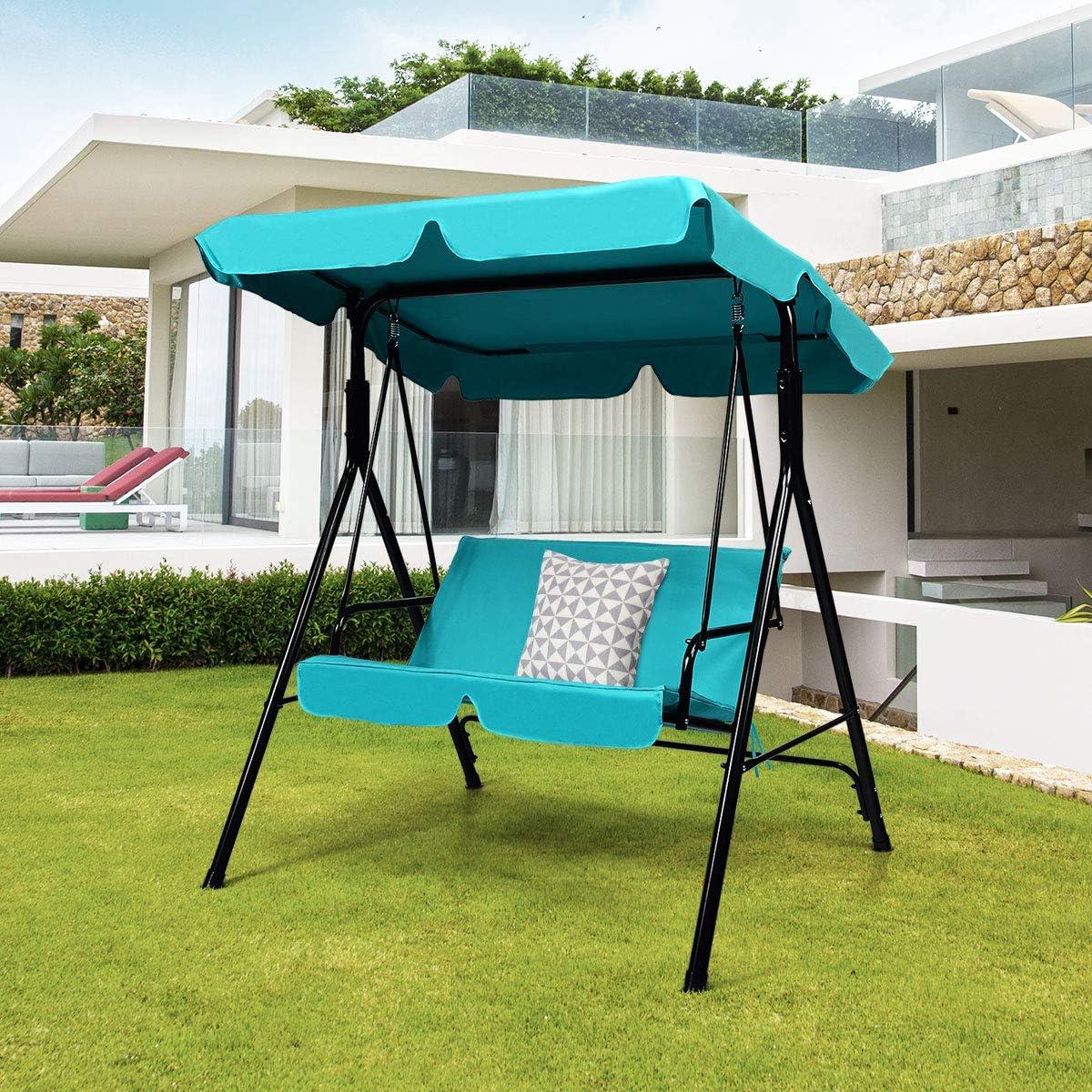 2-Person Turquoise Steel Patio Swing with Adjustable Canopy