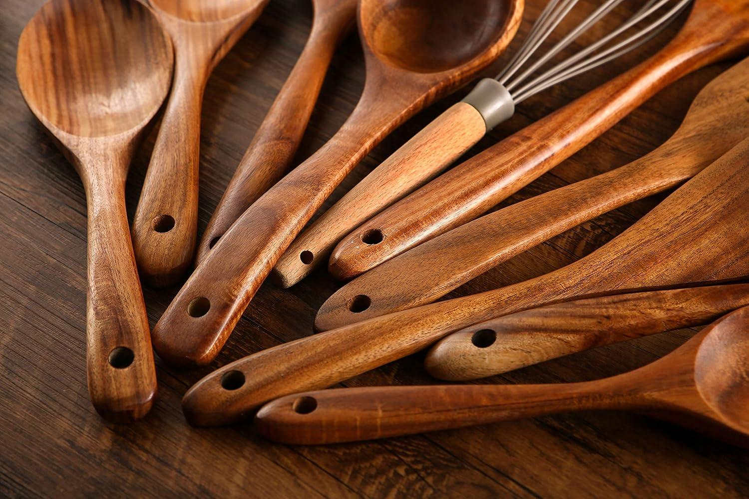 Wooden Kitchen Utensils set With Utensil Holder KOSMIKO 11 PCS Teak Wooden Cooking Spoons and Spatula for Cooking including Spoon Ladle Fork.