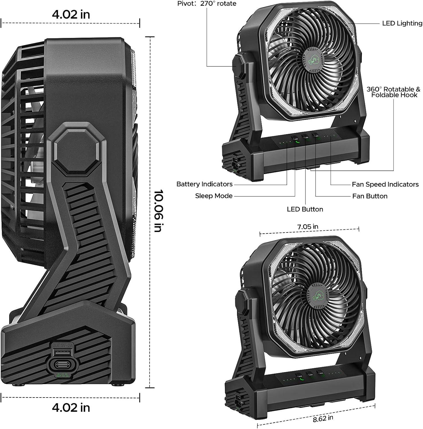 Black Portable Battery Operated Pedestal Fan with LED Lantern