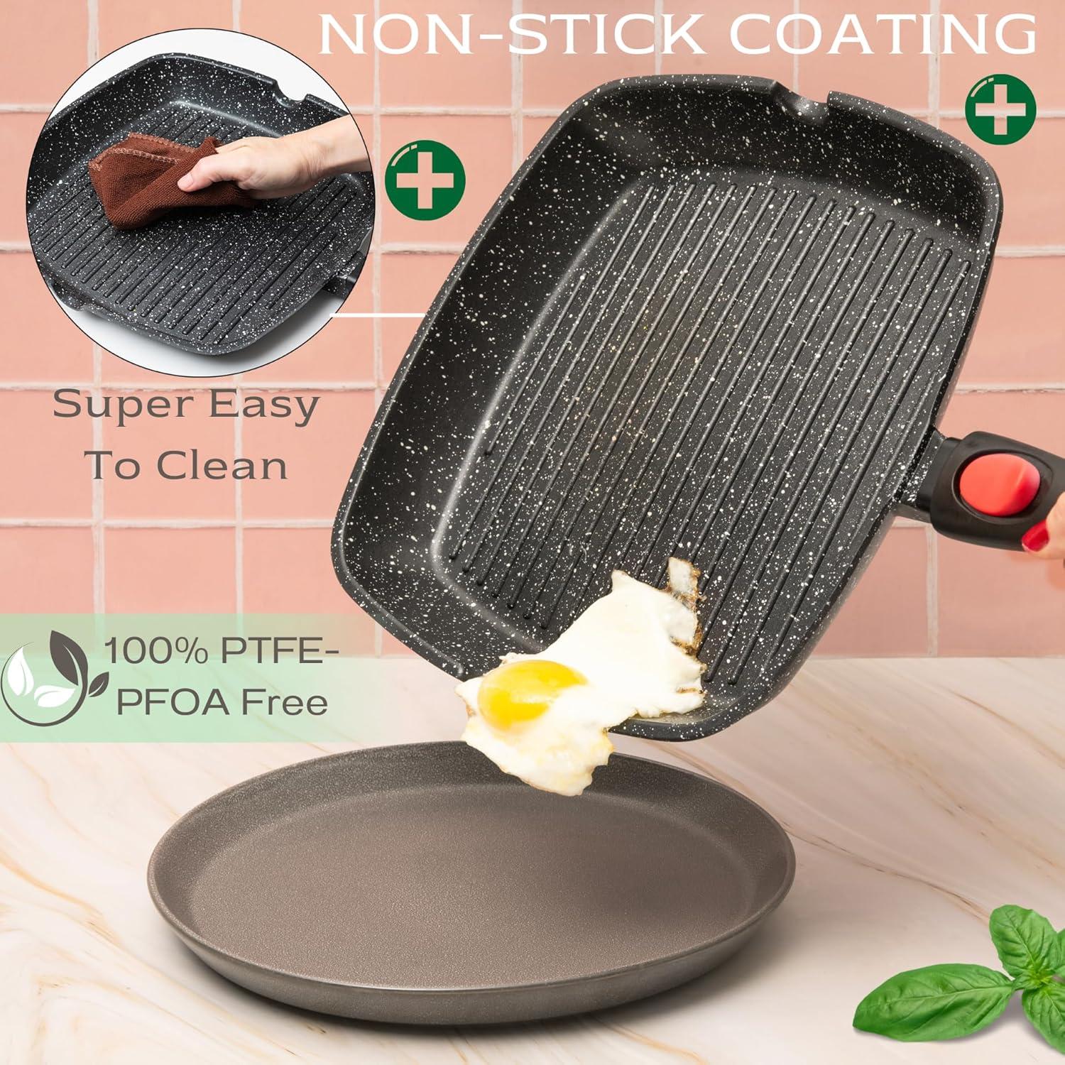 Moss & Stone Square Grill Pan For Indoor Cooking, Rv Die Casting Aluminum Grill Pan, Removable Handle Nonstick Stove Top Grill Pan for Meats & Vegetables, 11In Square Pan with Detachable Handle