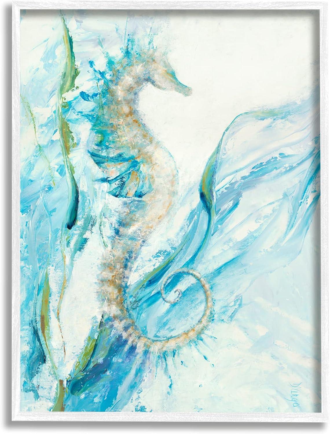 White Framed Nautical Seahorse Blue Ocean Wall Art, 16 x 20