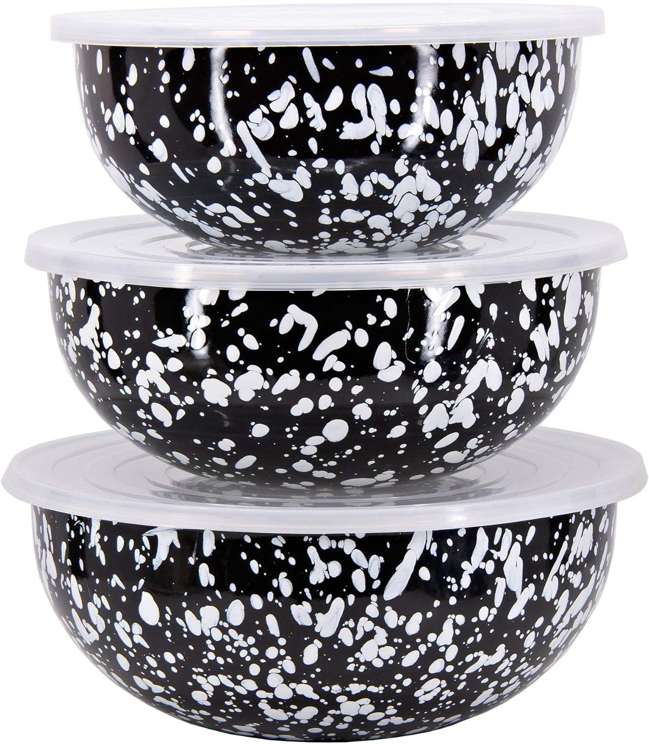 Black Swirl Porcelain Mixing Bowl Set with Lids