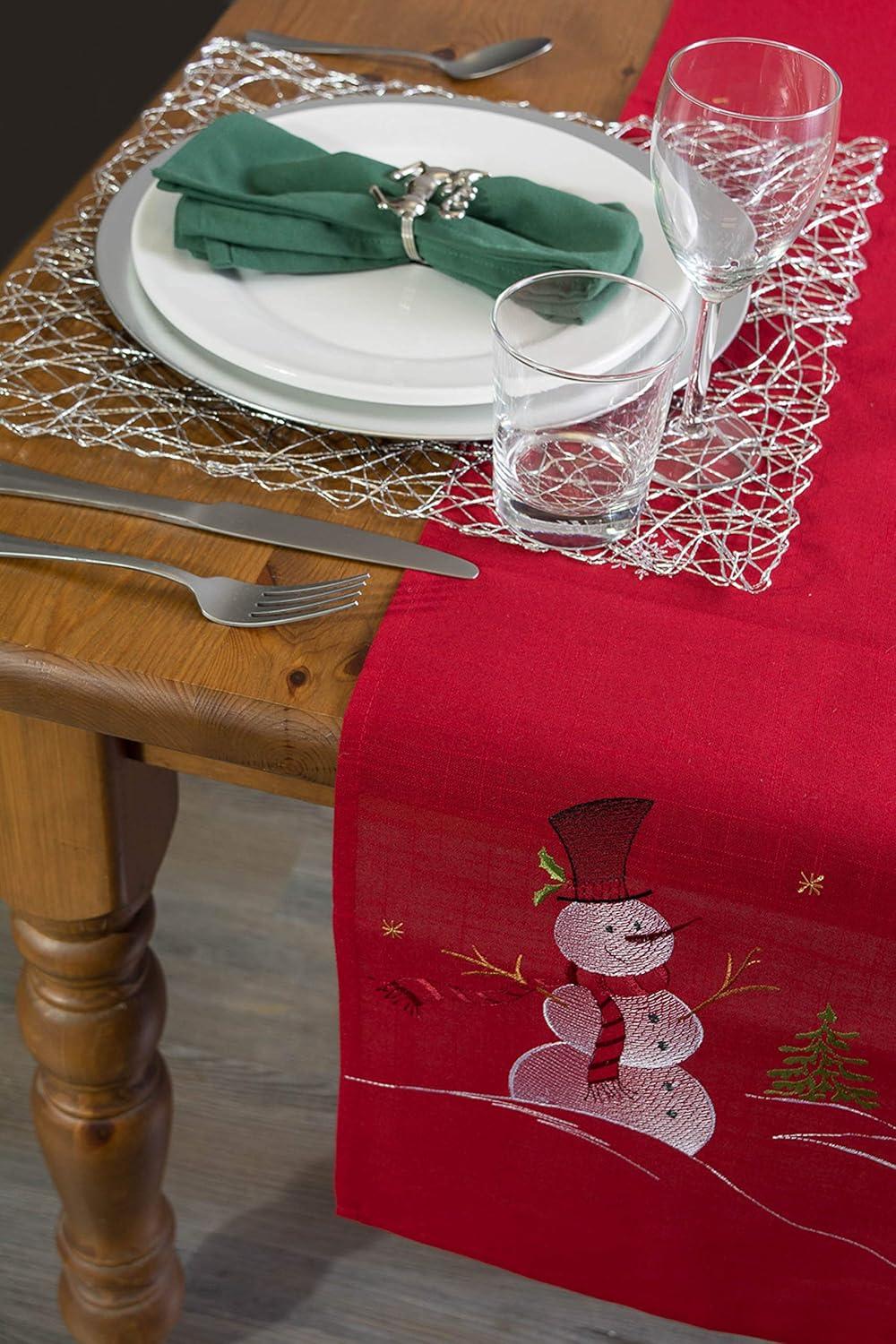 DII Embroidered Holiday Table Décor Collection Christmas Kitchen, Snowman Table Runner, 14x70, Red