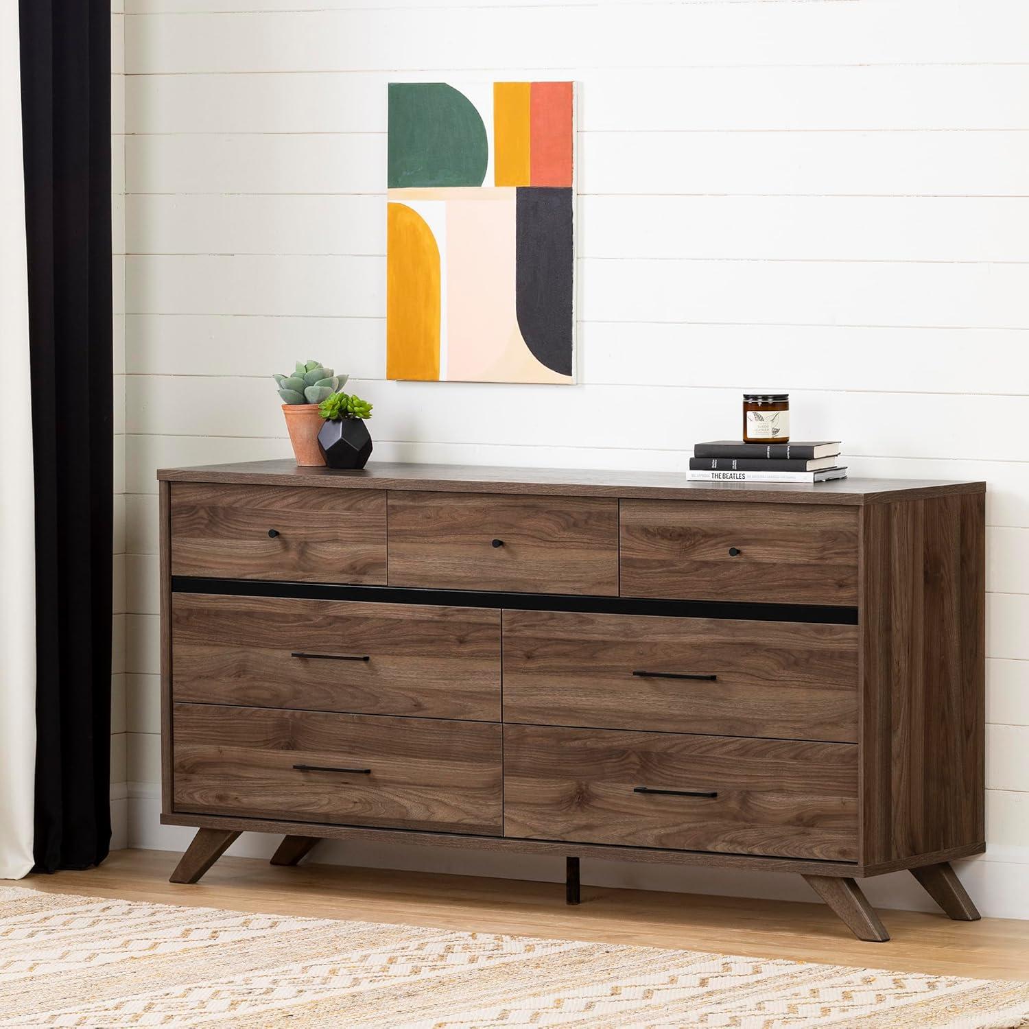 Flam 7 Drawer Double Dresser Natural Walnut/Matte Black - South Shore