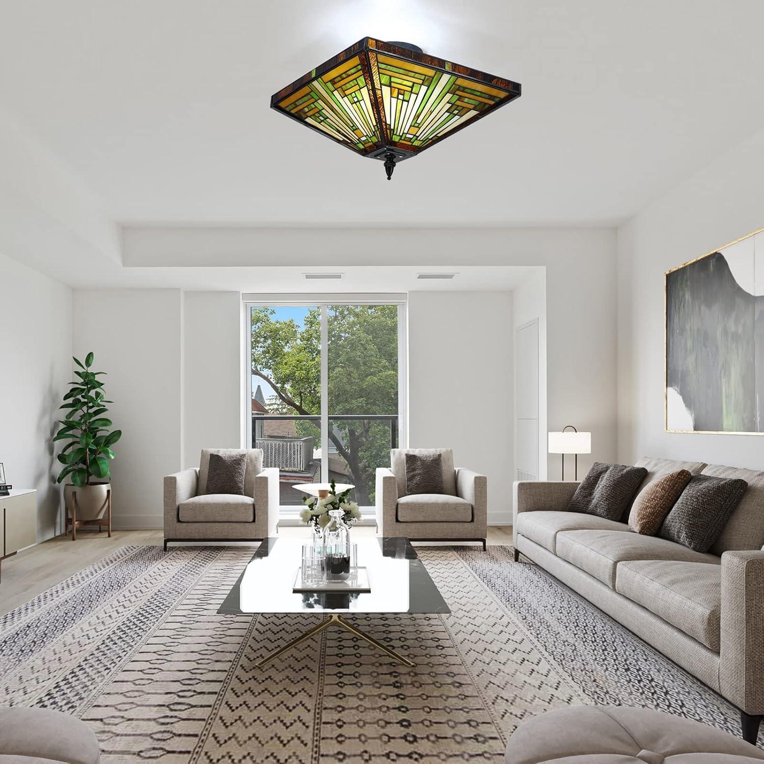 Chloe Lighting Innes Tiffany-Style 2 Light Mission Semi-Flush Ceiling Fixture 14" Shade