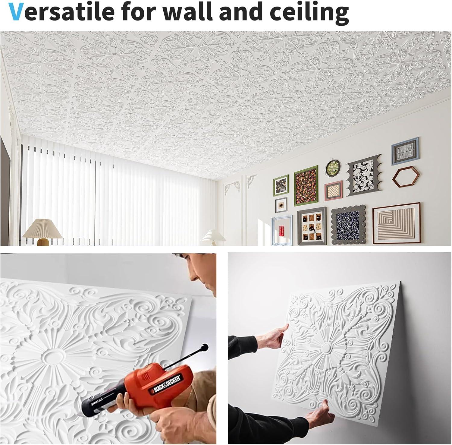 Art3d Art3d Decorative Ceiling Tile 2x2 Glue up, Lay in Ceiling Tile 24x24 Pack of 12pcs Spanish Floral in Matt White