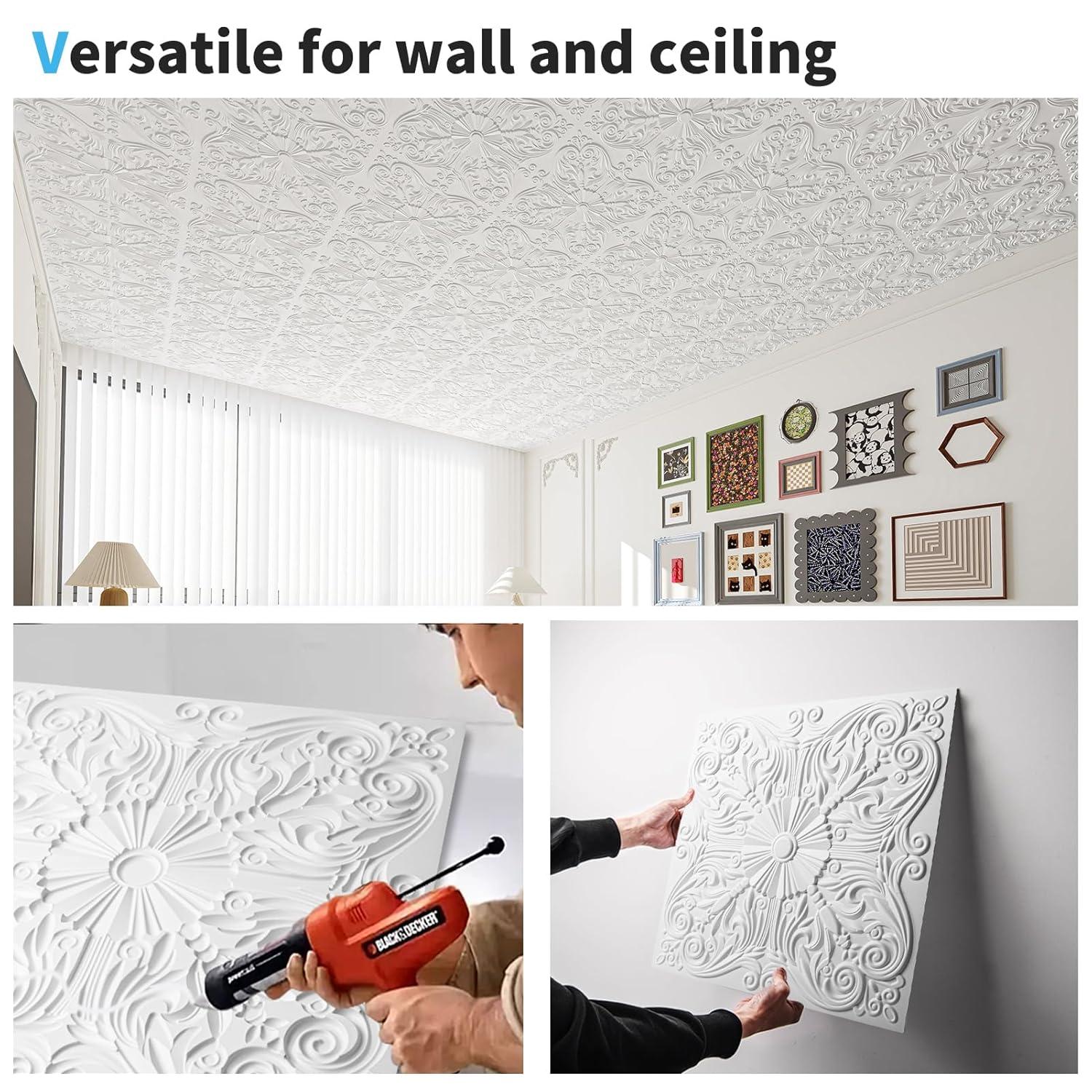 Art3d Art3d Decorative Ceiling Tile 2x2 Glue up, Lay in Ceiling Tile 24x24 Pack of 12pcs Spanish Floral in Matt White