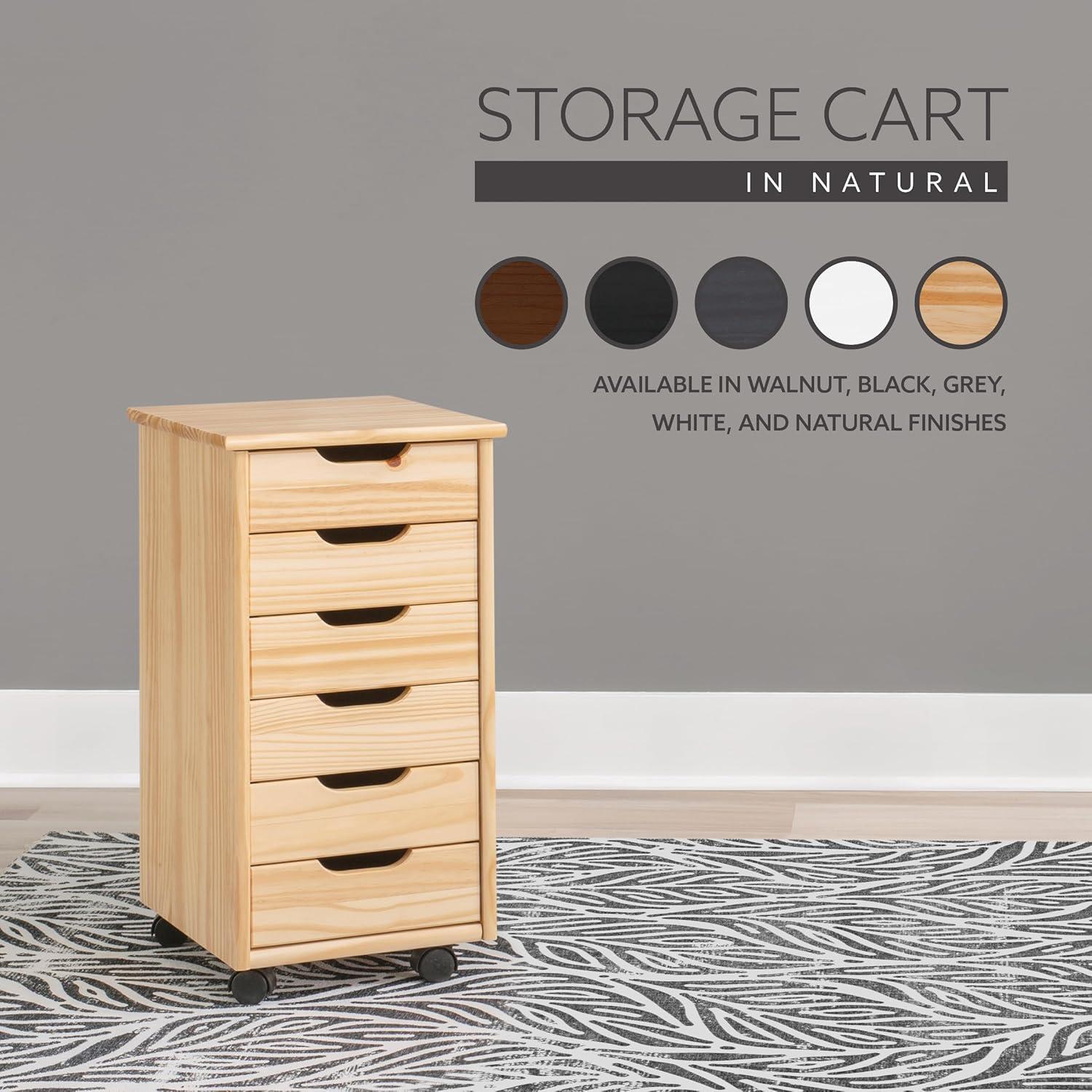 Natural Pine Six Drawer Rolling Storage Cart