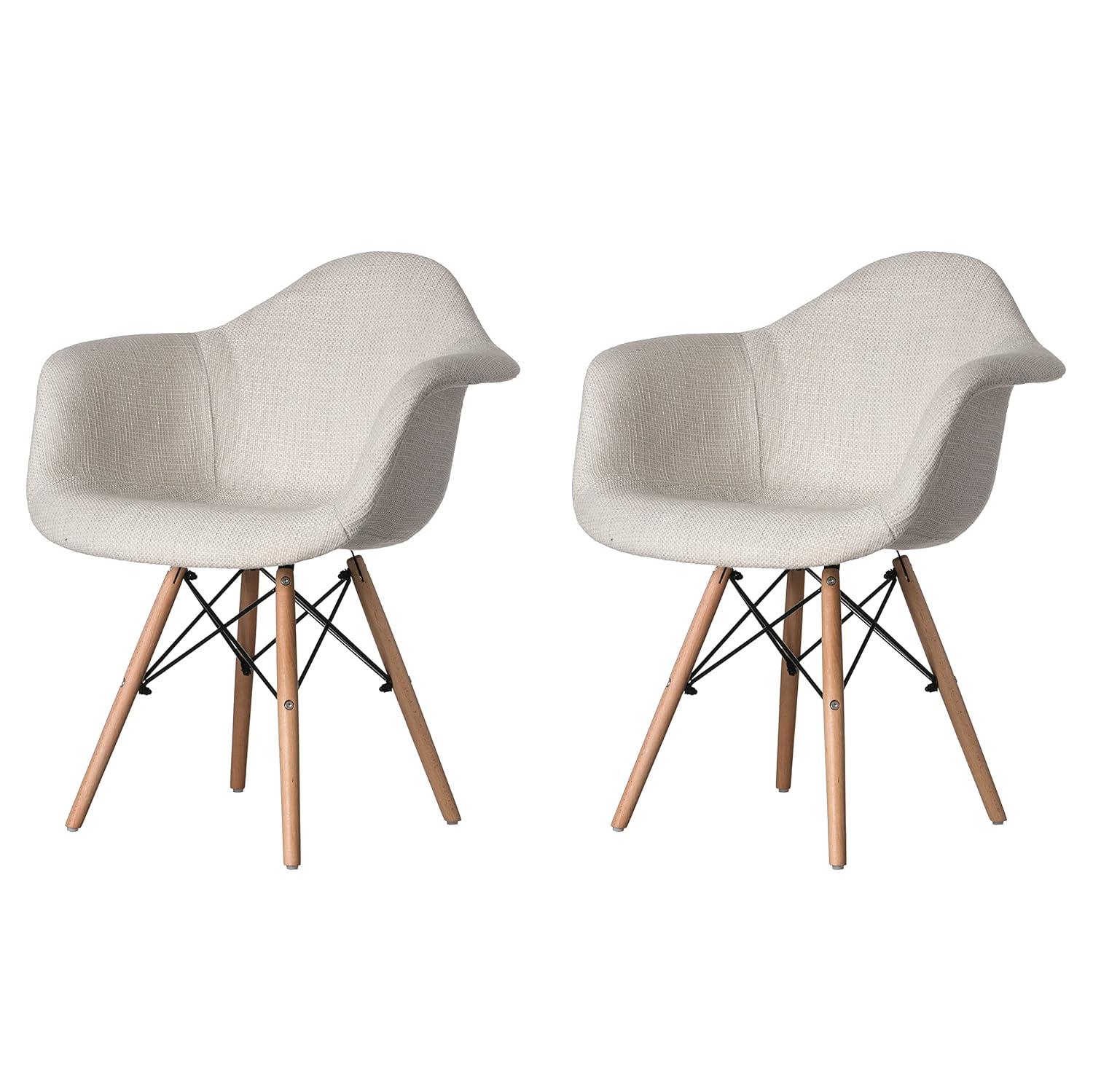 Fabulaxe Mid-Century Modern Style Fabric Lined Armchair with Beech Wooden Legs, White Set 2