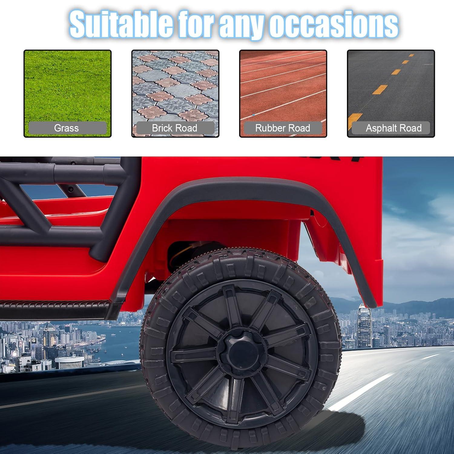 FINITO 24V Kids Ride On Car 2-Seater Jeep 4WD Electric Toy Car 4 Wheels Battery Powered Truck with Remote Control Bluetooth Music Player Gift for Boys Girls Age 3+, Red