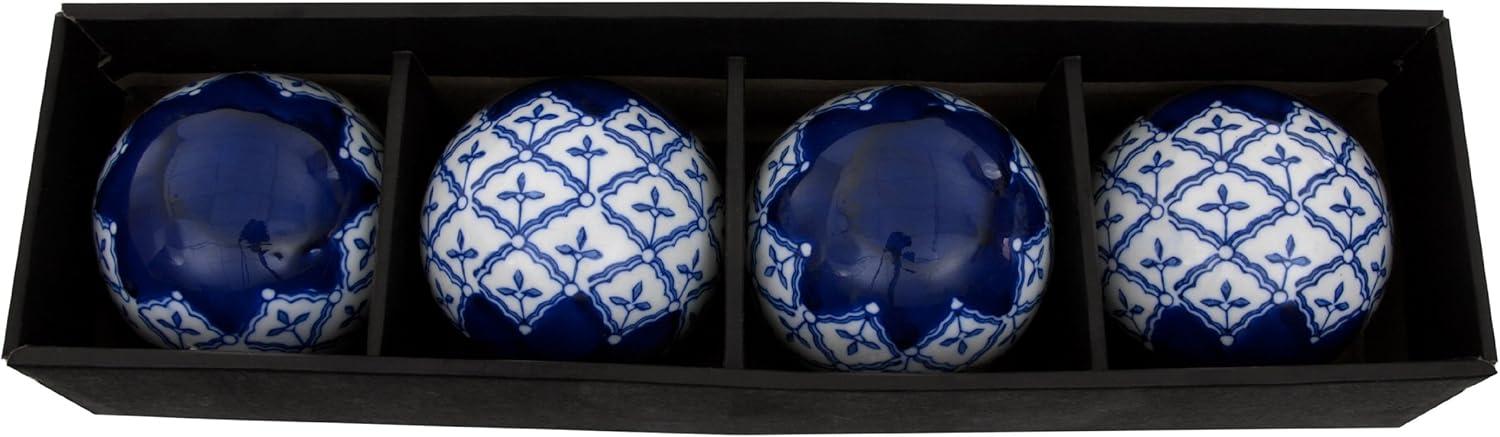 Oriental Furniture 4" Blue & White Medallions Porcelain Ball Set, decorative item, center piece