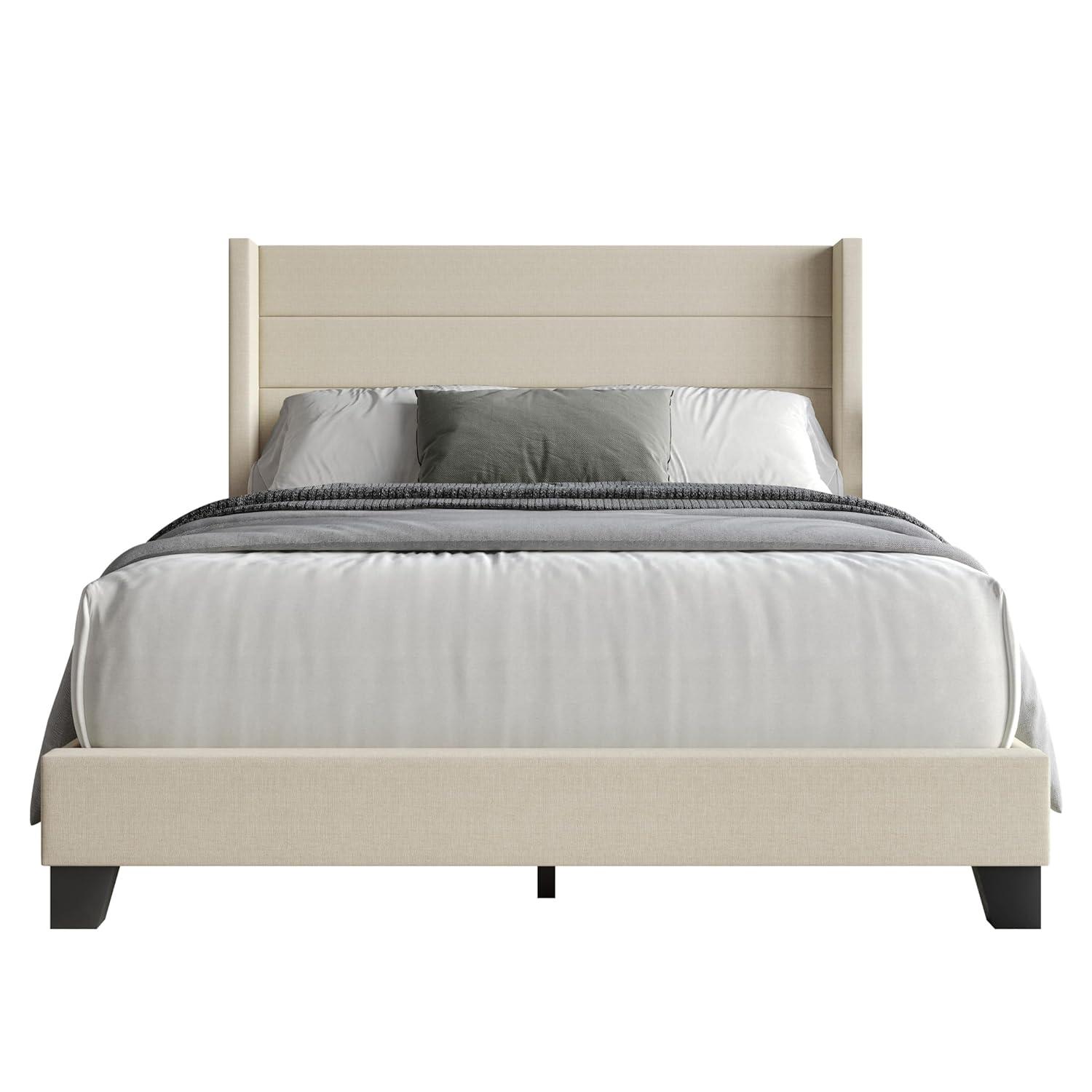 Flash Furniture Hollis Queen Upholstered Platform Bed with Wingback Headboard, No Box Spring Needed, Beige Faux Linen