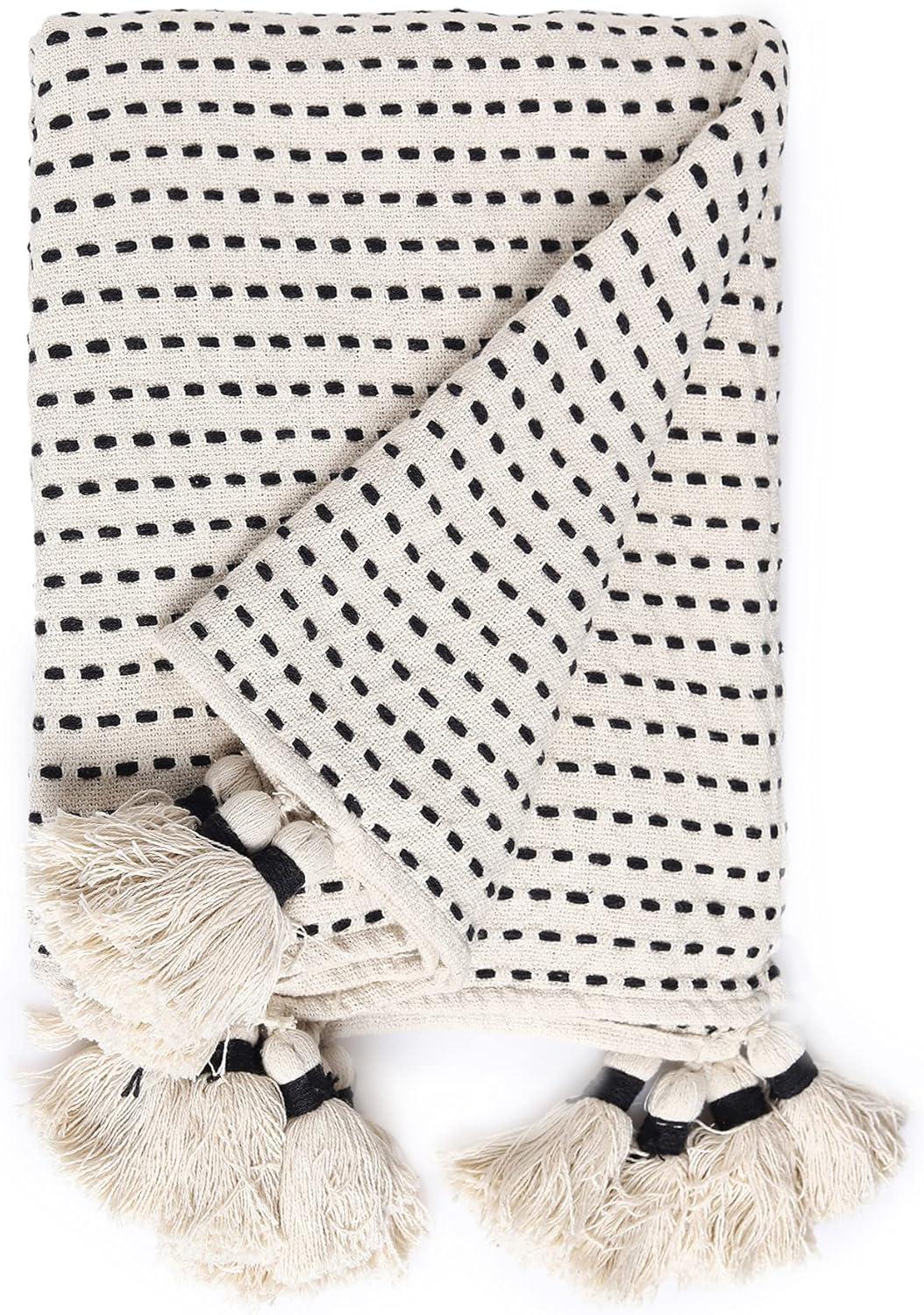 Tick & Dash Black Cotton Throw Blanket with Tassels