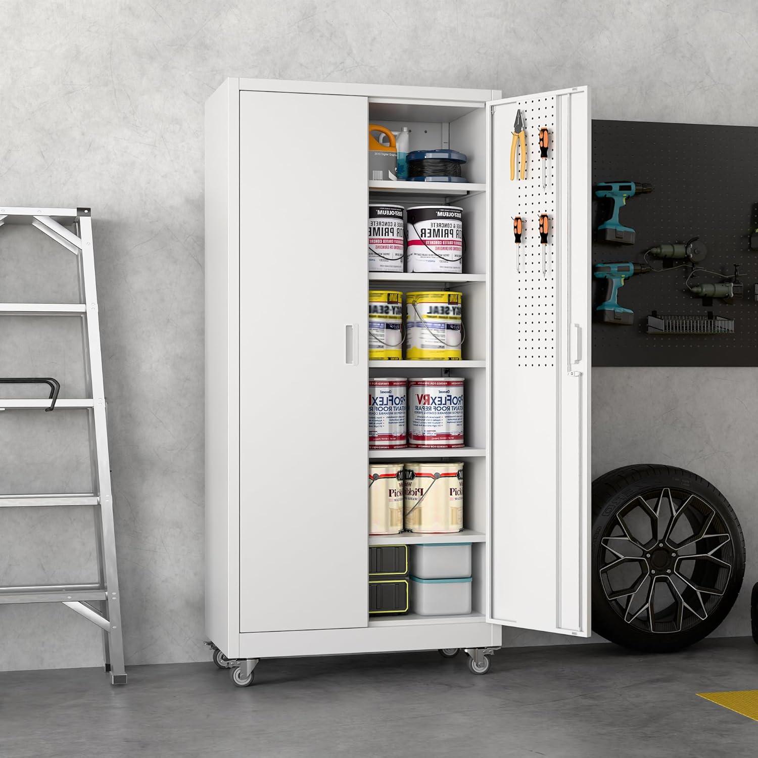 AOBABO 72 Inch Locking Metal Garage Home Office Storage Cabinet with Universal Rubber Wheels/Lockable Casters and Magnetic Doors, White