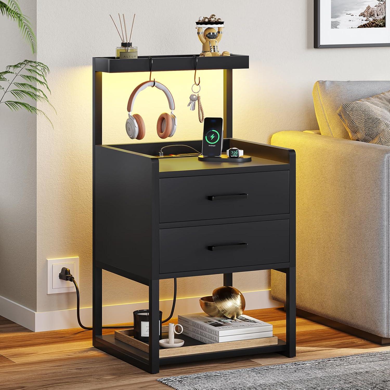 LED Nightstand with Charging Station, Side Table with USB Ports and Outlets, End Table for Small Spaces, Black Bedside Tables with Fabric-Wood 2-in-1 Drawer for Bedroom, Living Room, Office