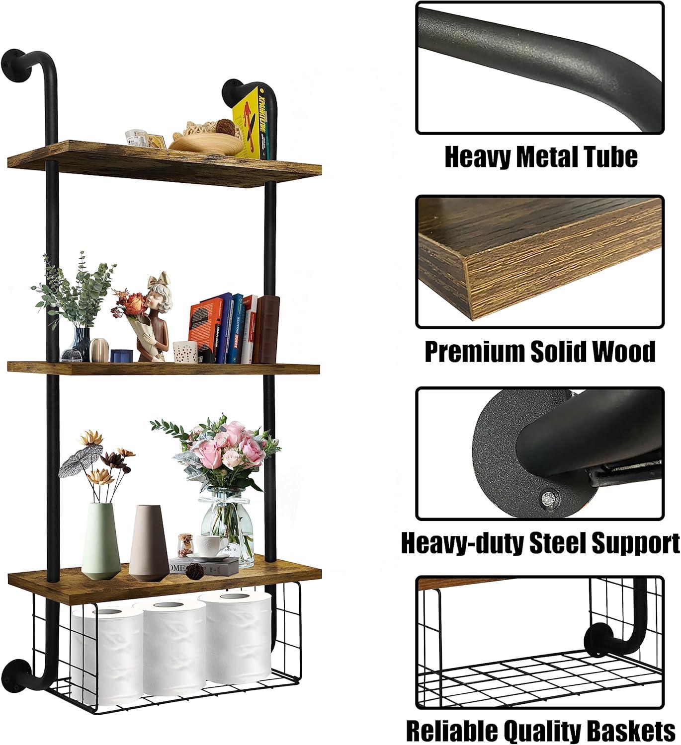 3-Tier Wall Mounted Floating Shelves with Basket, Easy Assemble Industrial Pipe Shelving, Anti-Rust for Bathroom, Kitchen, Bedroom - 44.5 * 16.9 inch