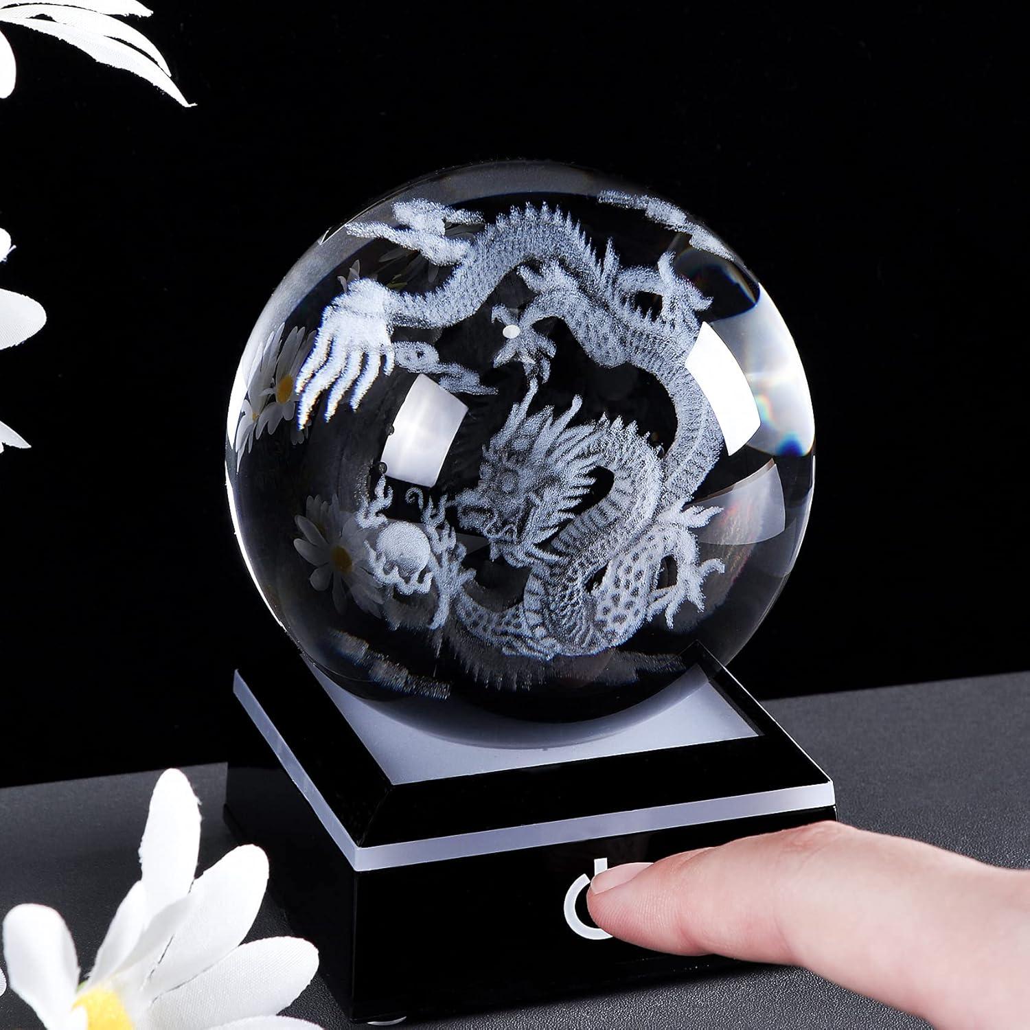 Qianwei Chinese Dragon Decor Gifts, Dragon Statue Figurines Stuff Decorations 3D Laser Etched Halloween Crystal Balls Feng Shui for Witchcraft Paper Weights Glass Decor