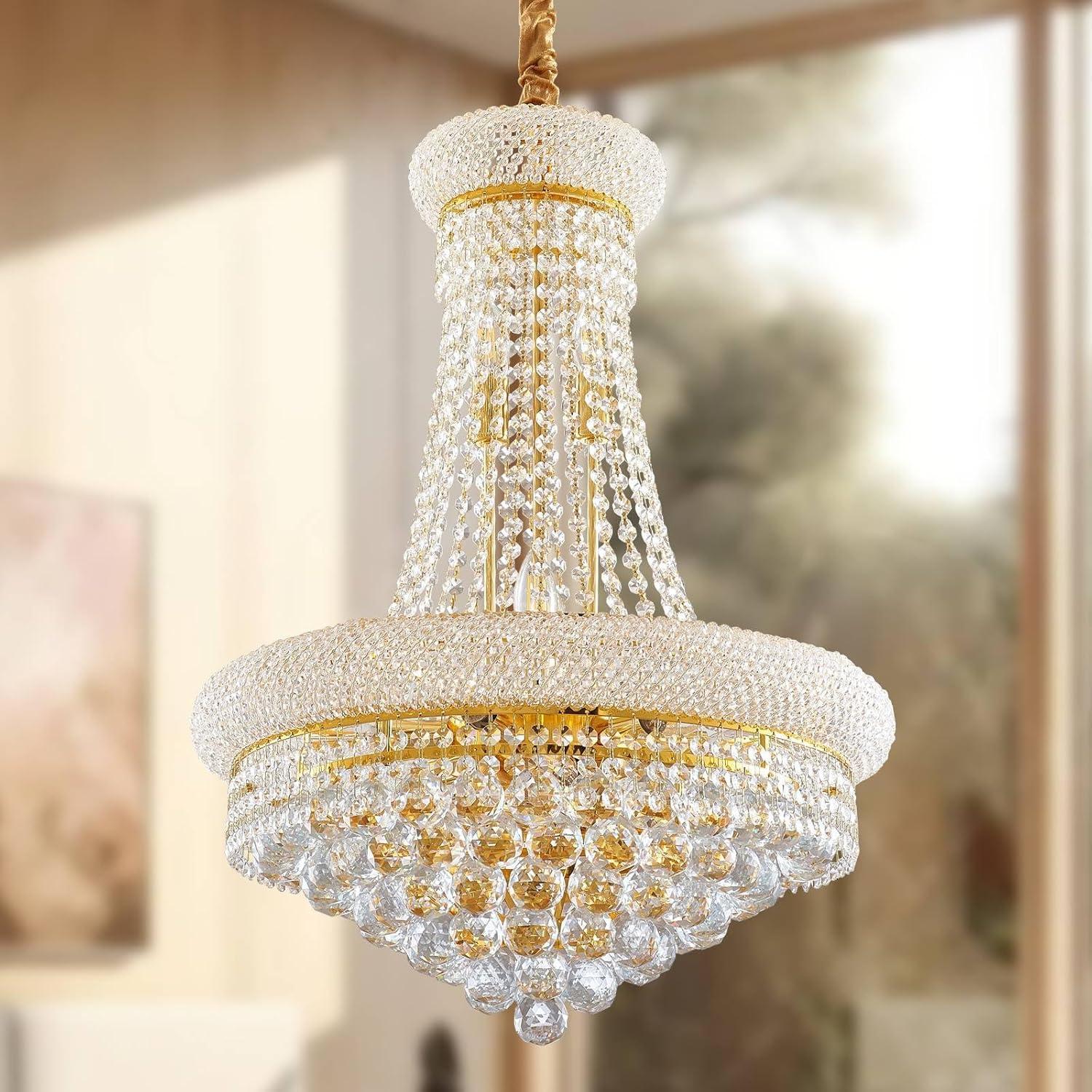 12 Lights Gold Finish Empire Crystal Chandelier Lighting for Dining Room Living Room Foyer Hallway Bedroom Entryway (Dia 22'')