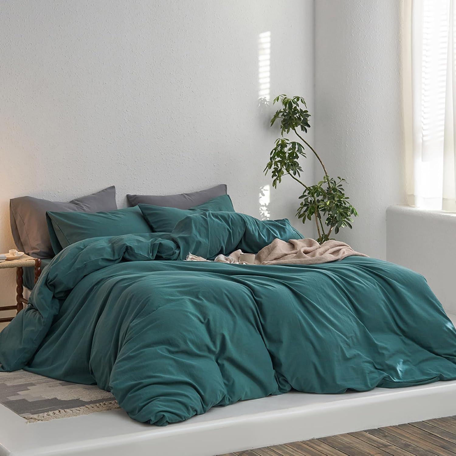 MOOMEE 100% Washed Cotton Linen Like Textured Duvet Cover Set
