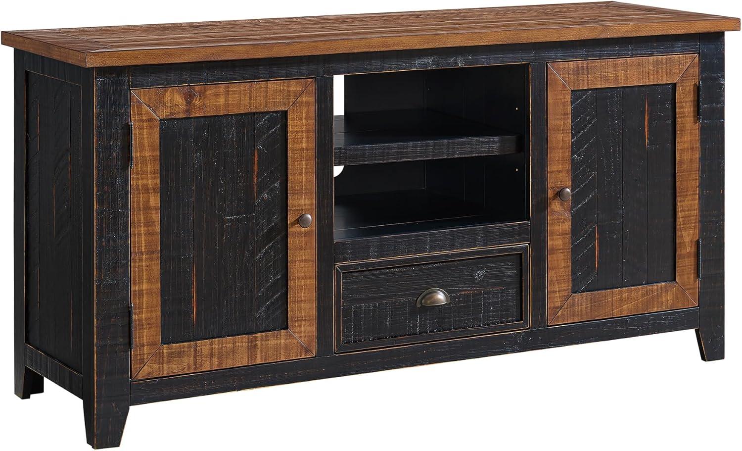 The Gray Barn  Downington Solid Wood 60-inch TV Stand Black and Honey Pine Finish, Wood Finish Adjustable Shelving Nautical & Coastal, Rustic
