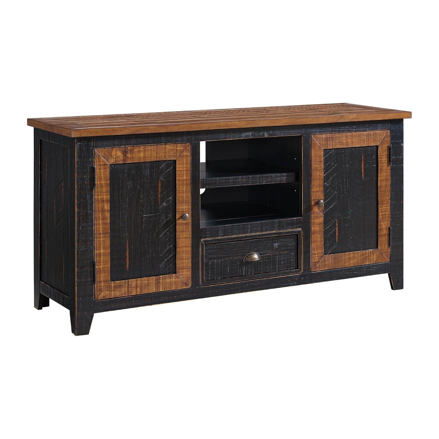 The Gray Barn  Downington Solid Wood 60-inch TV Stand Black and Honey Pine Finish, Wood Finish Adjustable Shelving Nautical & Coastal, Rustic