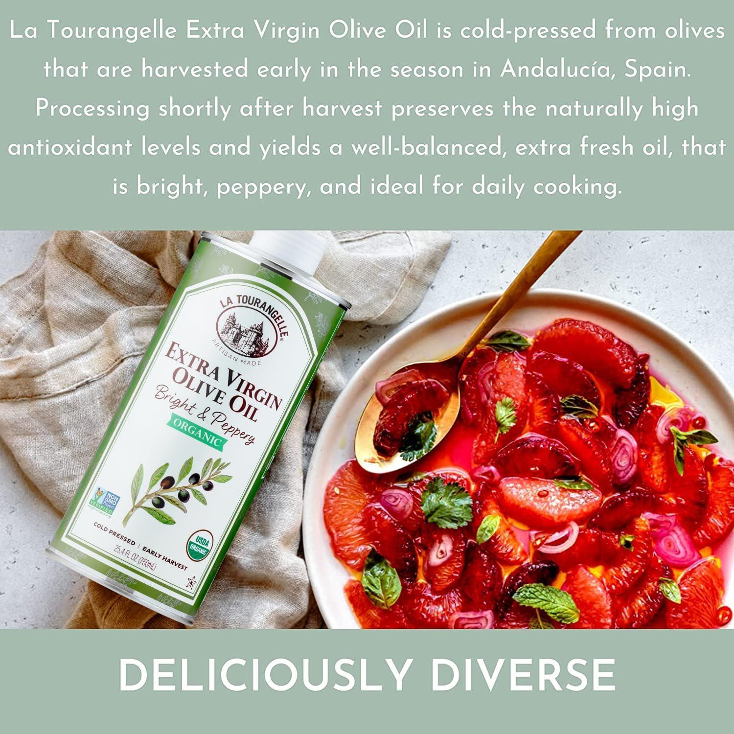 La Tourangelle, Organic Extra Virgin Olive Oil, Cold-Pressed EVOO from Spain, 25.4 Fl Oz – Spanish Olive Oil with Polyphenols for Cooking, Drizzling, Marinades, and Dipping, Rich Flavor