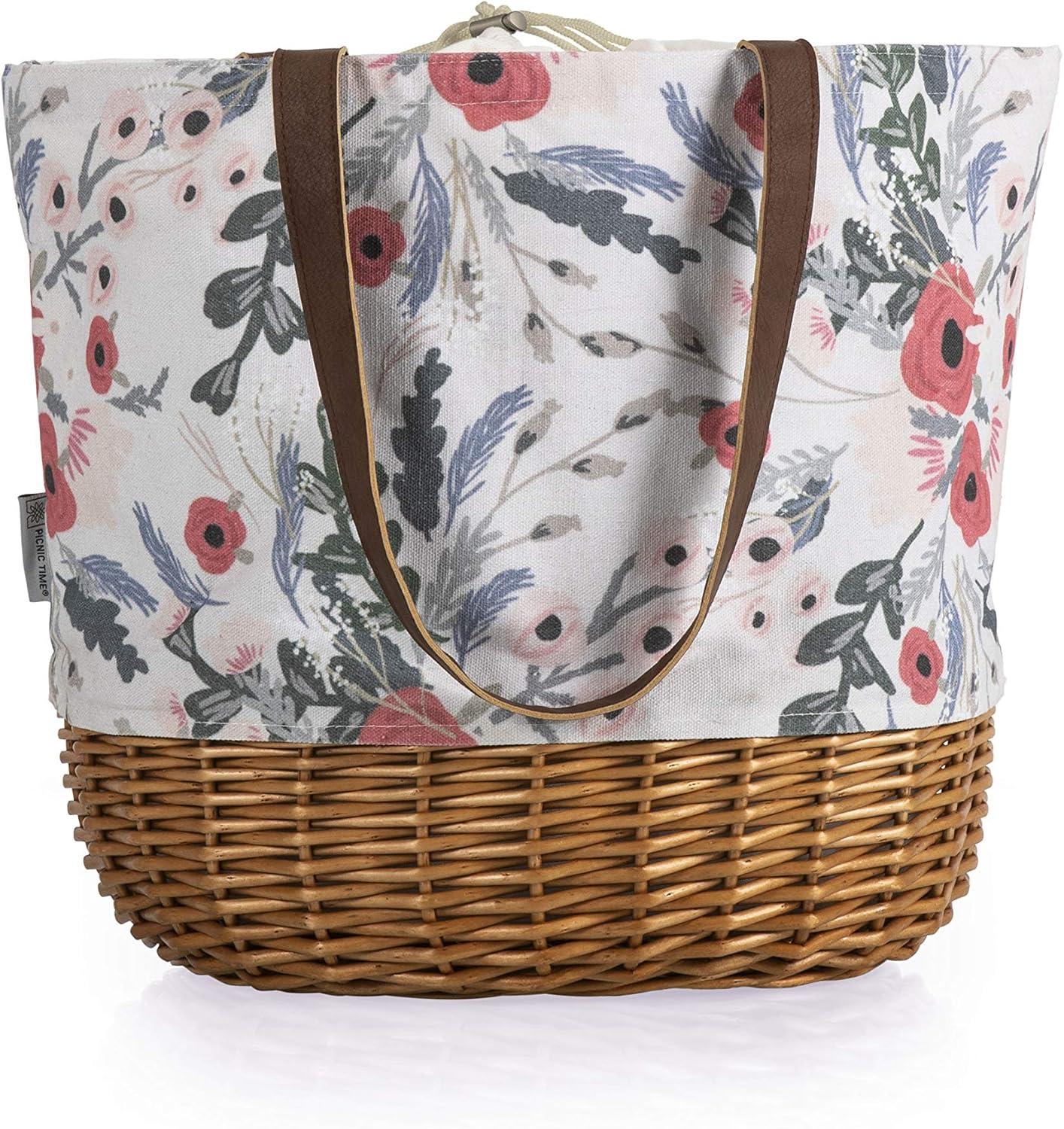 Picnic Time Coronado Canvas and Willow Basket Tote with Floral Pattern