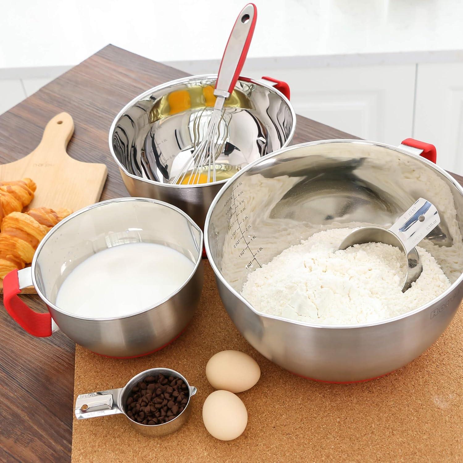 Stainless Steel Mixing Bowl Set with Red Silicone Lids