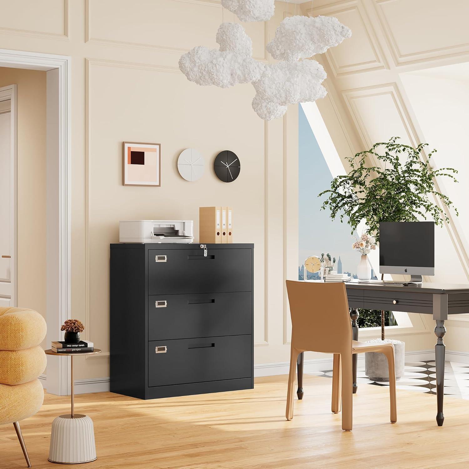 3 Drawer File Cabinet with Lock,Under Desk File Cabinet with Wheels,Black Rolling File Cabinet,Three Drawer Metal Filing Cabinet for Home Office,Fit A4/Letter/Legal File,Fully Assembled Except Casters