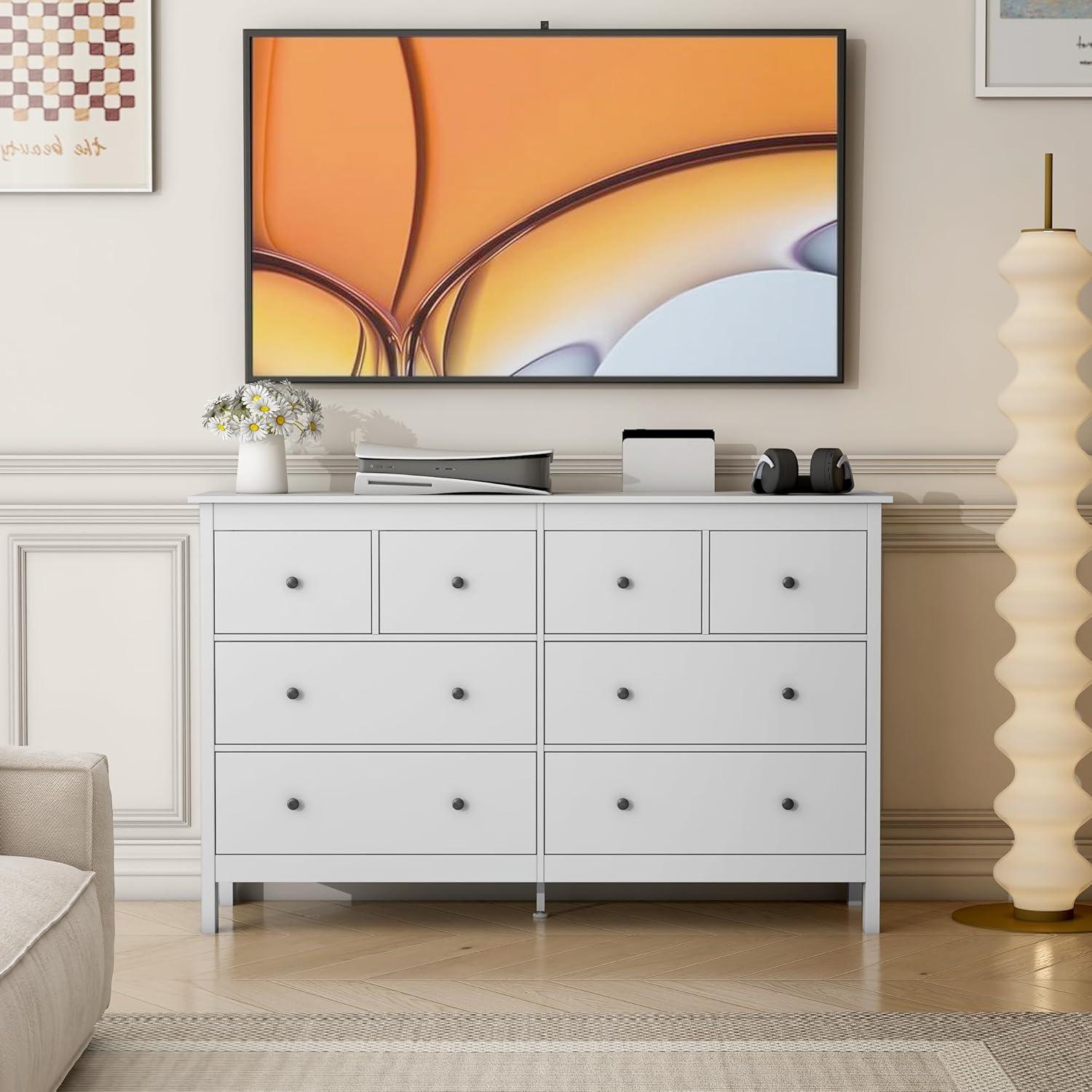 50" Modern White Dressers& Chests of Drawers, 8 Drawer Wide Dresser for Bedroom, Living Room