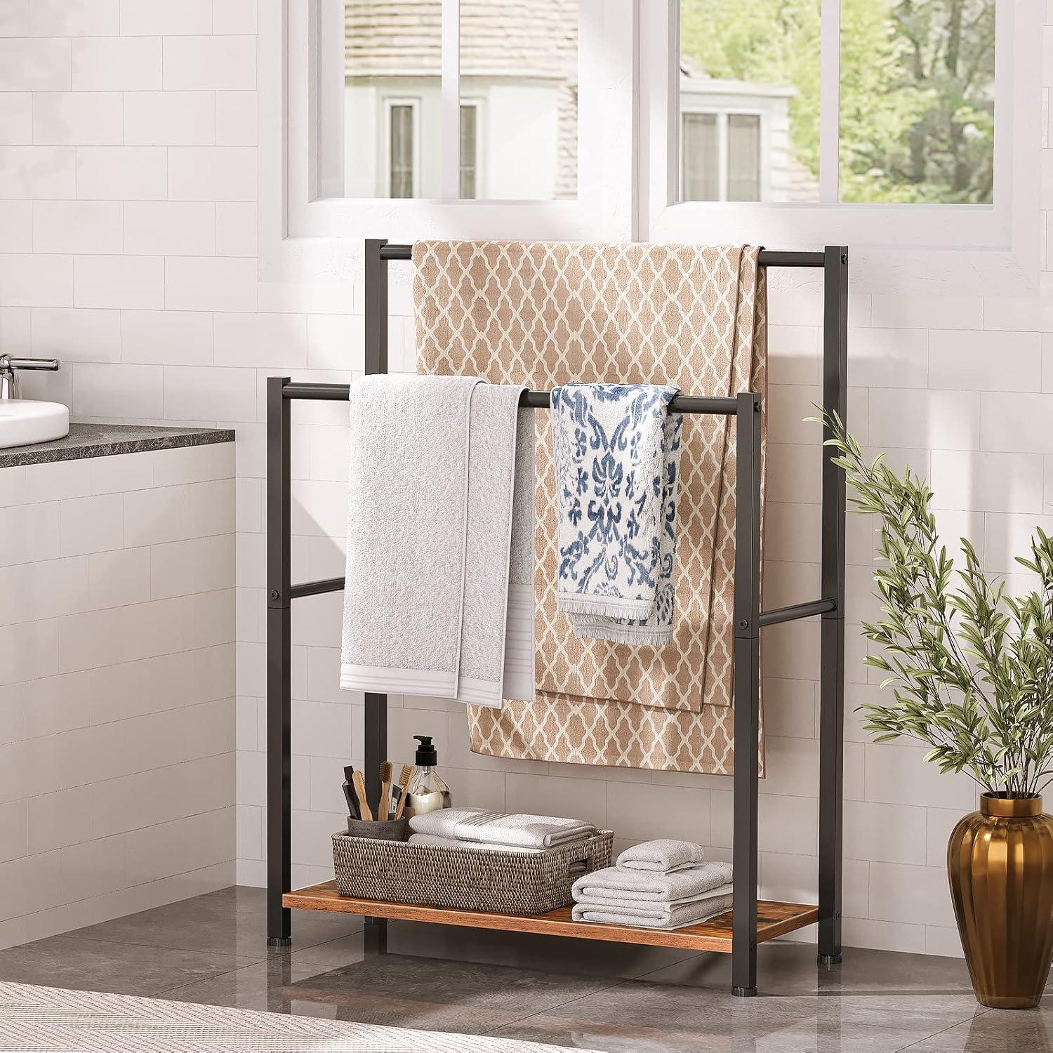HOOBRO Free Standing Towel Rack for Bathroom, 22" L x 9.4" W x 31.5" H, 2 Tier Blanket Rack, Blanket Holder, Drying and Display Rack with Shelf, Rustic Brown and Black BF04LB01