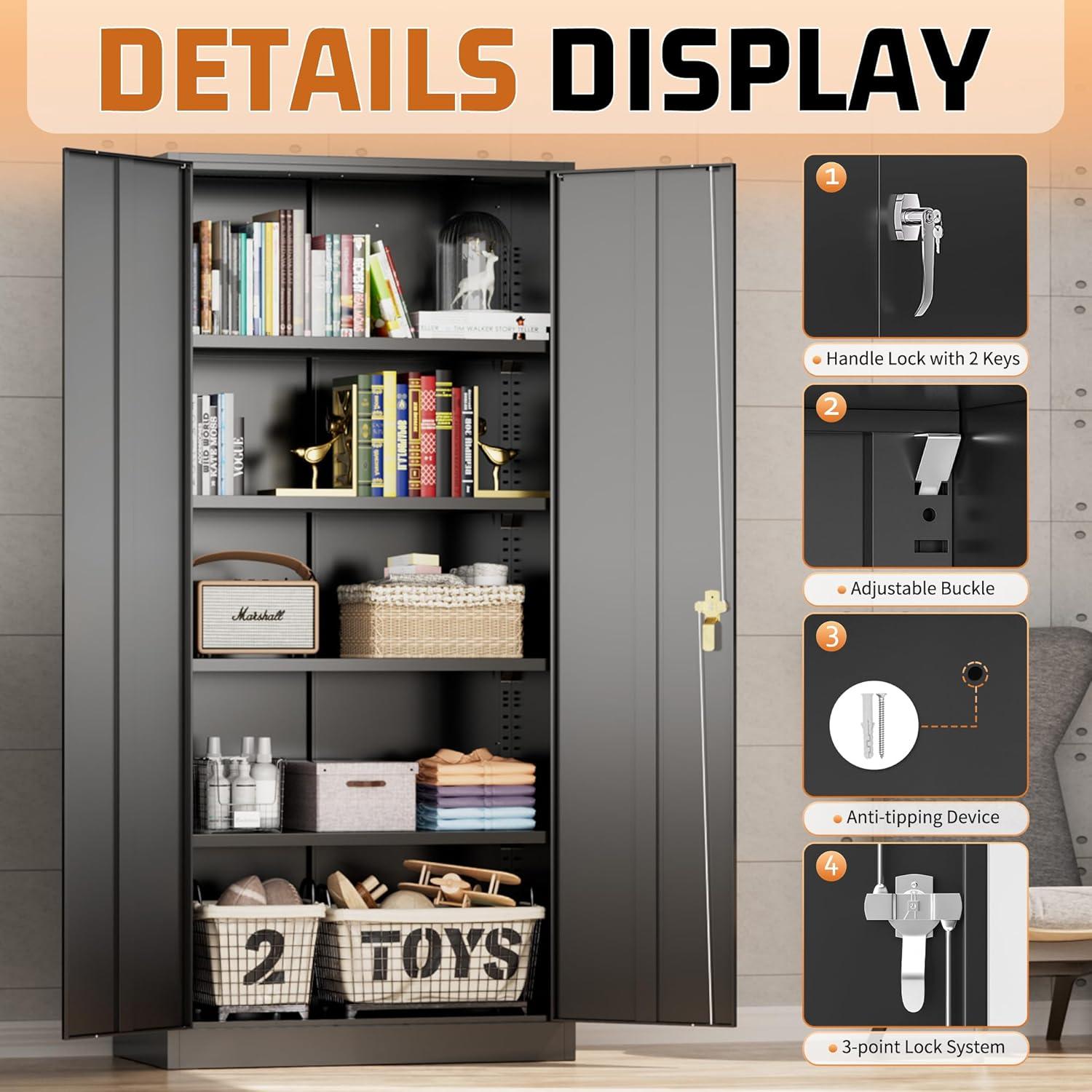 Greenvelly Metal Storage Cabinet with Lock, 72" H Black Metal Garage Storage Cabinet with Doors and 4 Shelves, Lockable Steel Tool Cabinets for Garage, Home, Office, Shop, School(36" W x 18" D)