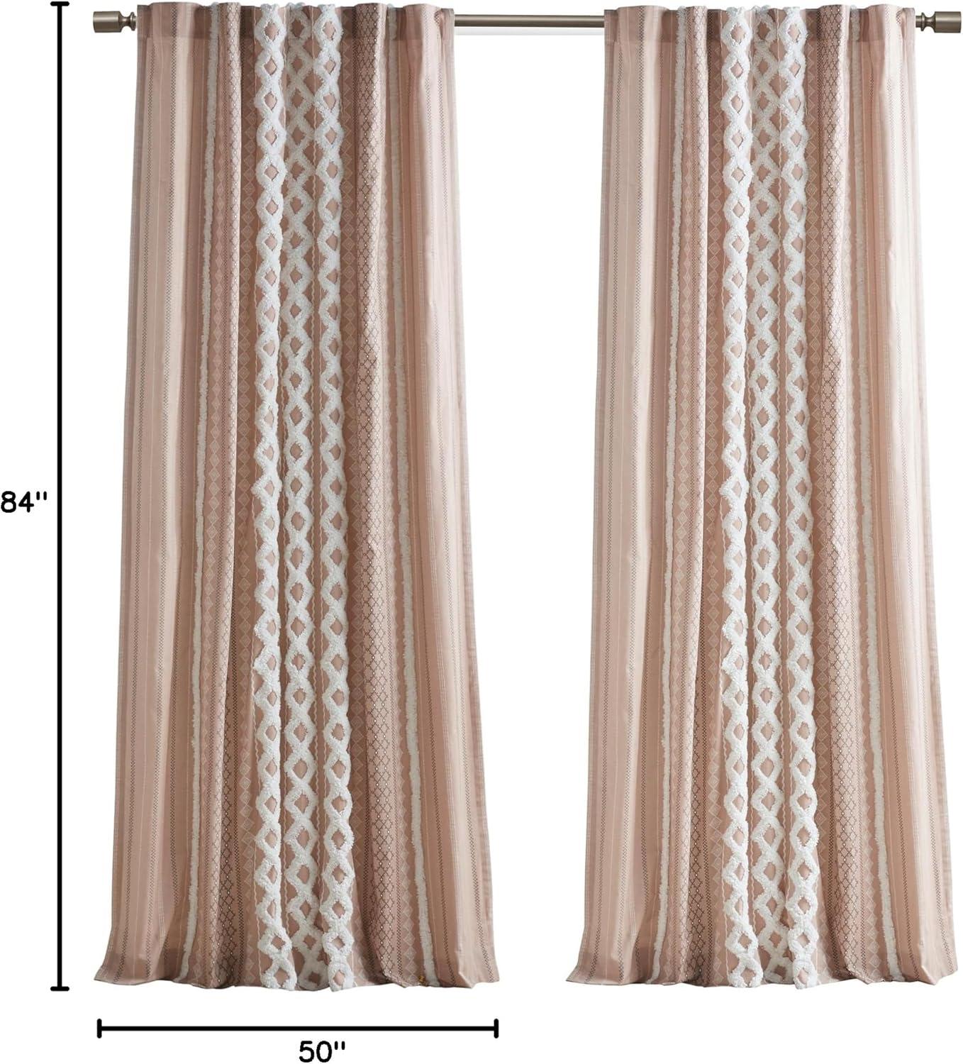 INK+IVY Imani Cotton Printed Curtain Panel with Chenille Stripe and Lining, Blush, 50x84"