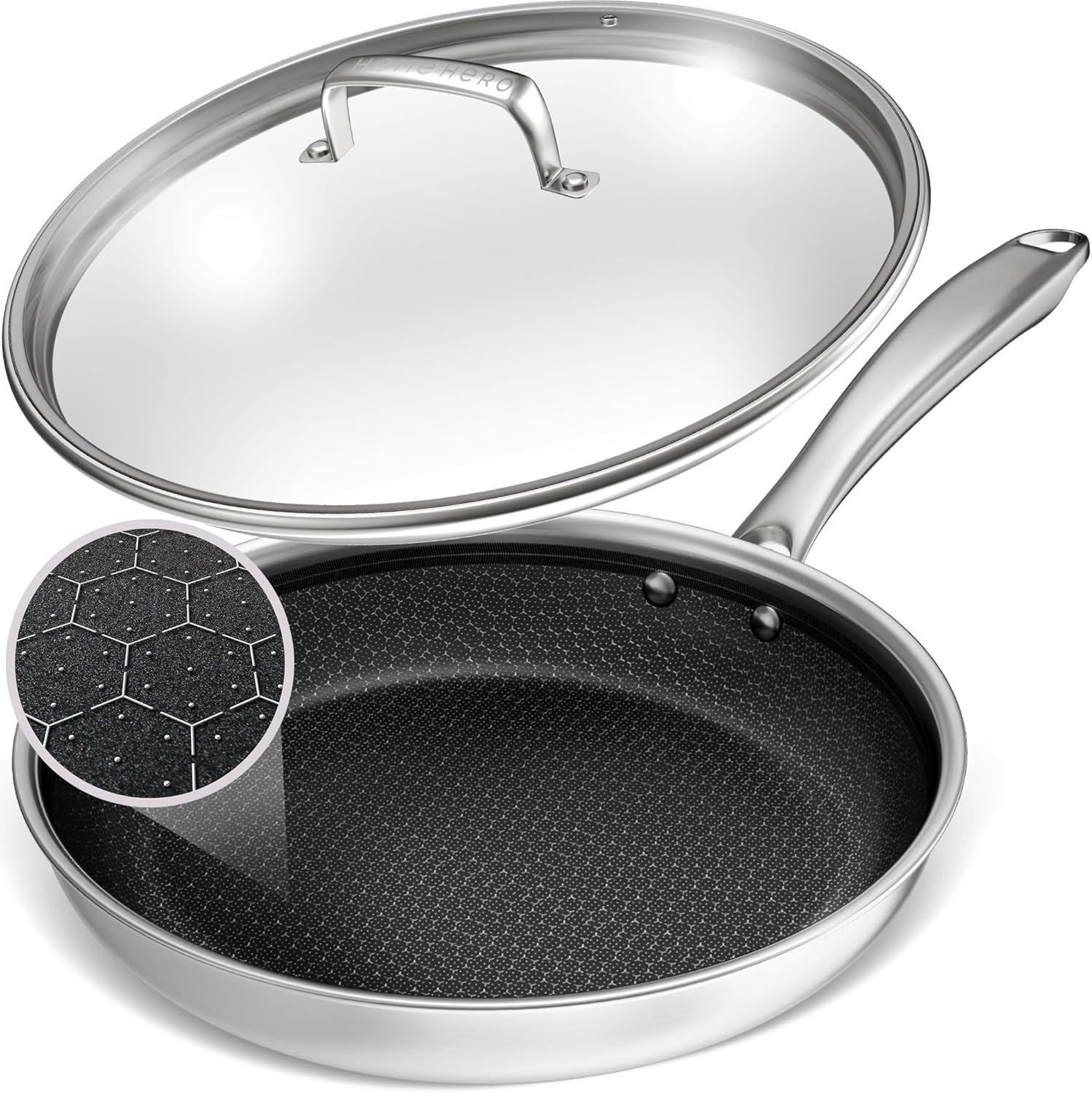 LuxeClad Non Stick Frying Pans - Frying Pans Nonstick - Nonstick Frying Pan - Stainless Steel Pan With Lid - Stainless Steel Frying Pan With Lid - Stainless Steel Skillet (Stainless Steel 12-Inch)