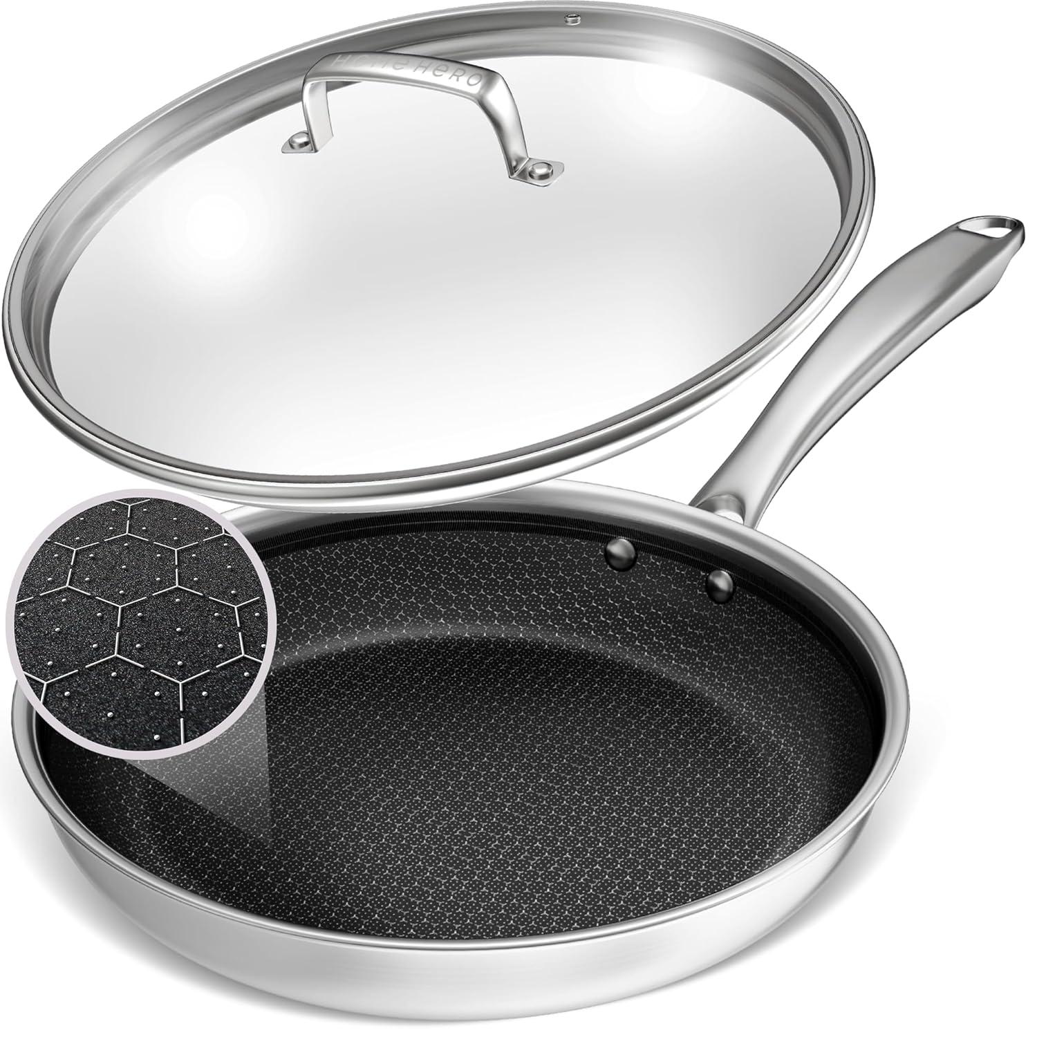 LuxeClad Non Stick Frying Pans - Frying Pans Nonstick - Nonstick Frying Pan - Stainless Steel Pan With Lid - Stainless Steel Frying Pan With Lid - Stainless Steel Skillet (Stainless Steel 12-Inch)