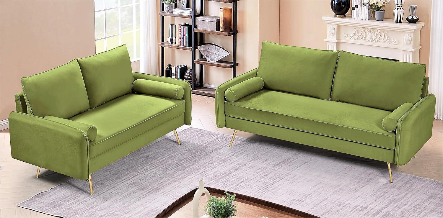 Olive Green Velvet Modern Loveseat with Tapered Legs