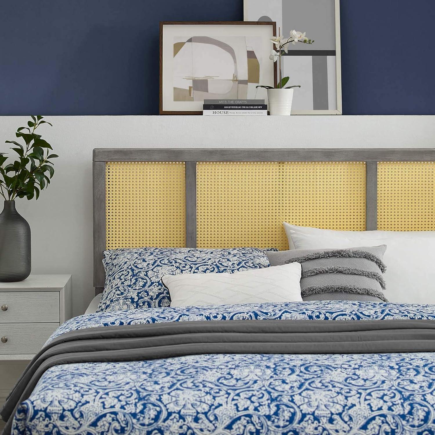 Modway Delmare Headboard – Full Size, Cane Woven Rattan, Gray Frame