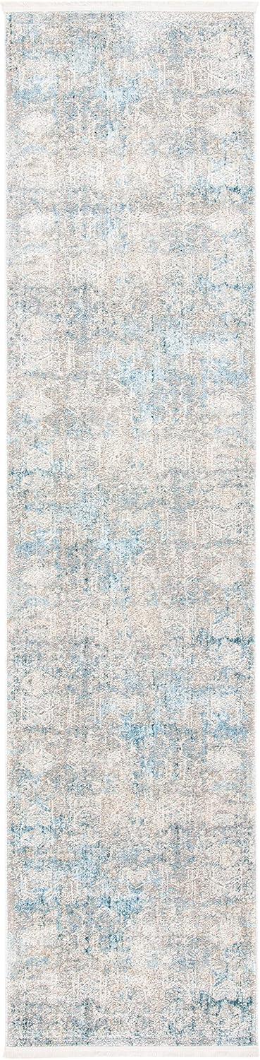 Gray and Blue Hand-Knotted Wool and Viscose Runner Rug