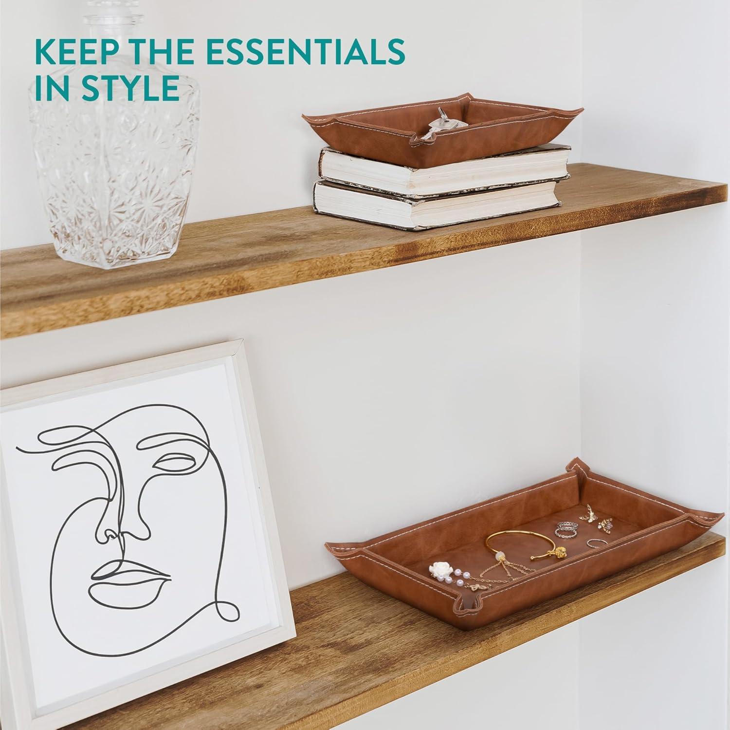 Navaris Faux Leather Tray Set - 2 Valet Organizer Trays for Bedside Table, Retro Fashion - Desk Storage Plate for Key Coin Phone Wallet (Brown)